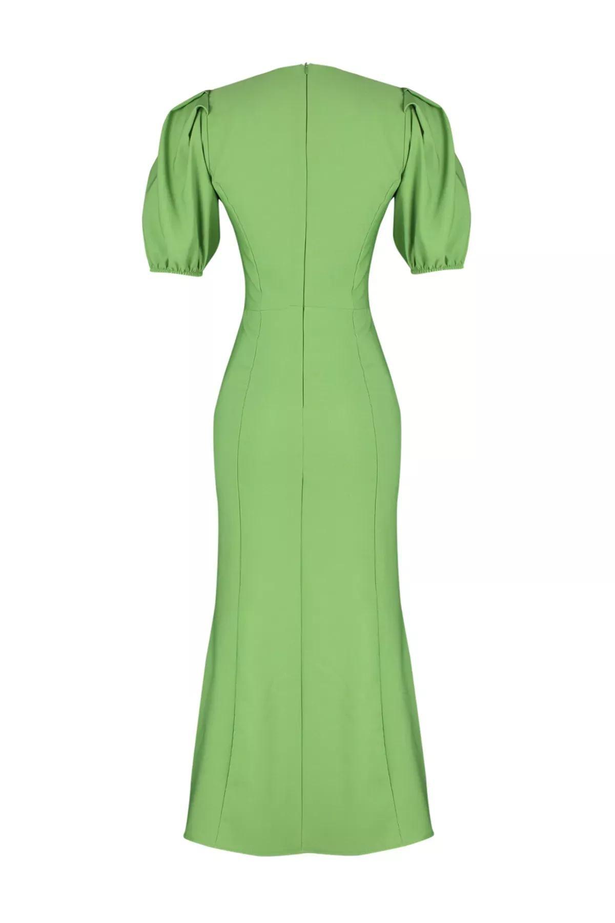 Green Wrapped Ped Midi Balloon Sleeve Dress, Green, large image number 7