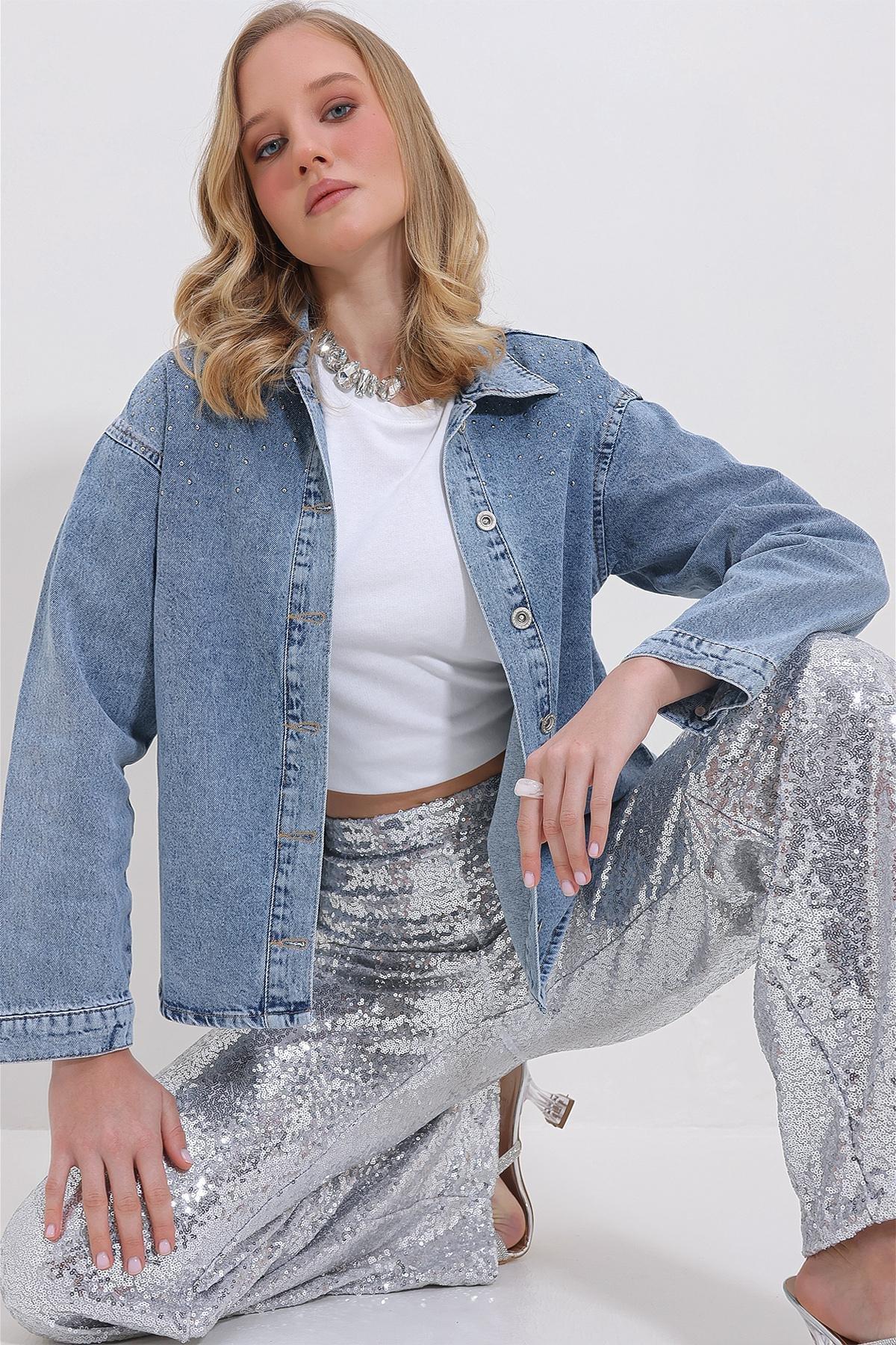 Blue Washed Embroidered Buttoned Jacket, , large image number 0