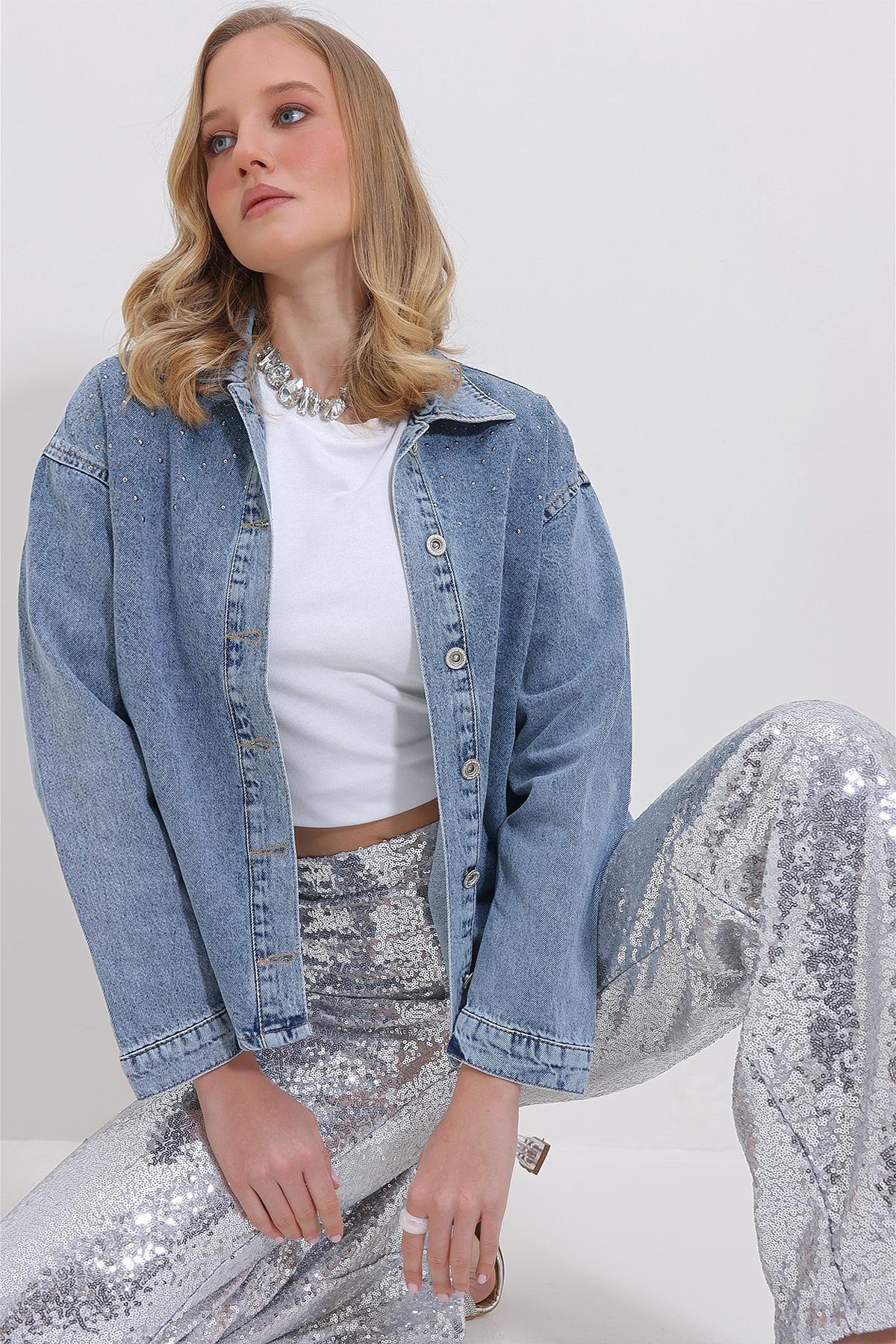 Blue Washed Embroidered Buttoned Jacket, , large image number 4