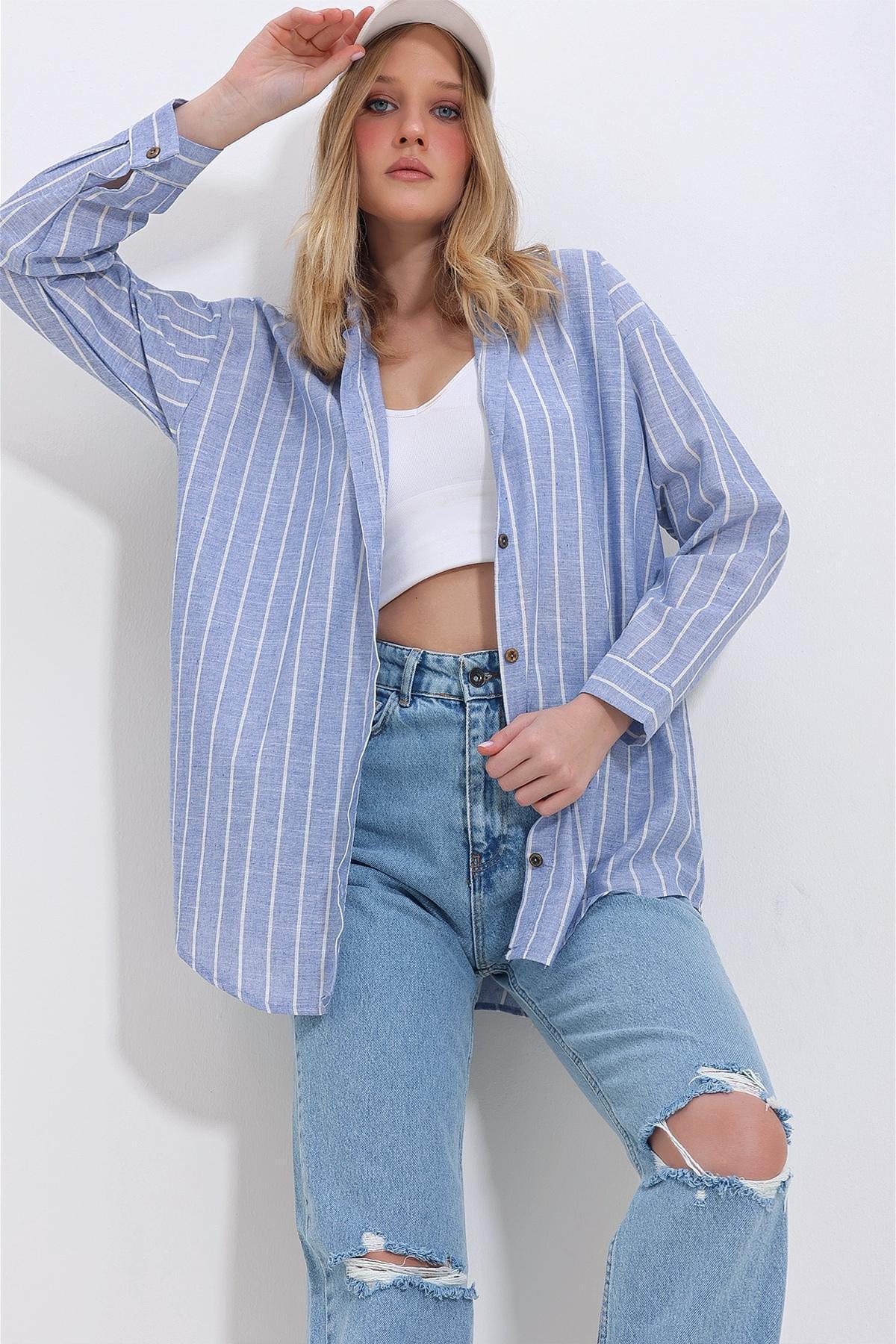 Womens Blue Striped Flared Oversize Linen Shirt ALC-X11419, Single, Blue, large image number 0