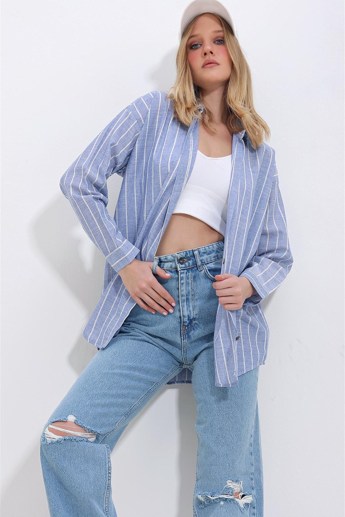Womens Blue Striped Flared Oversize Linen Shirt ALC-X11419, Single, Blue, large image number 1