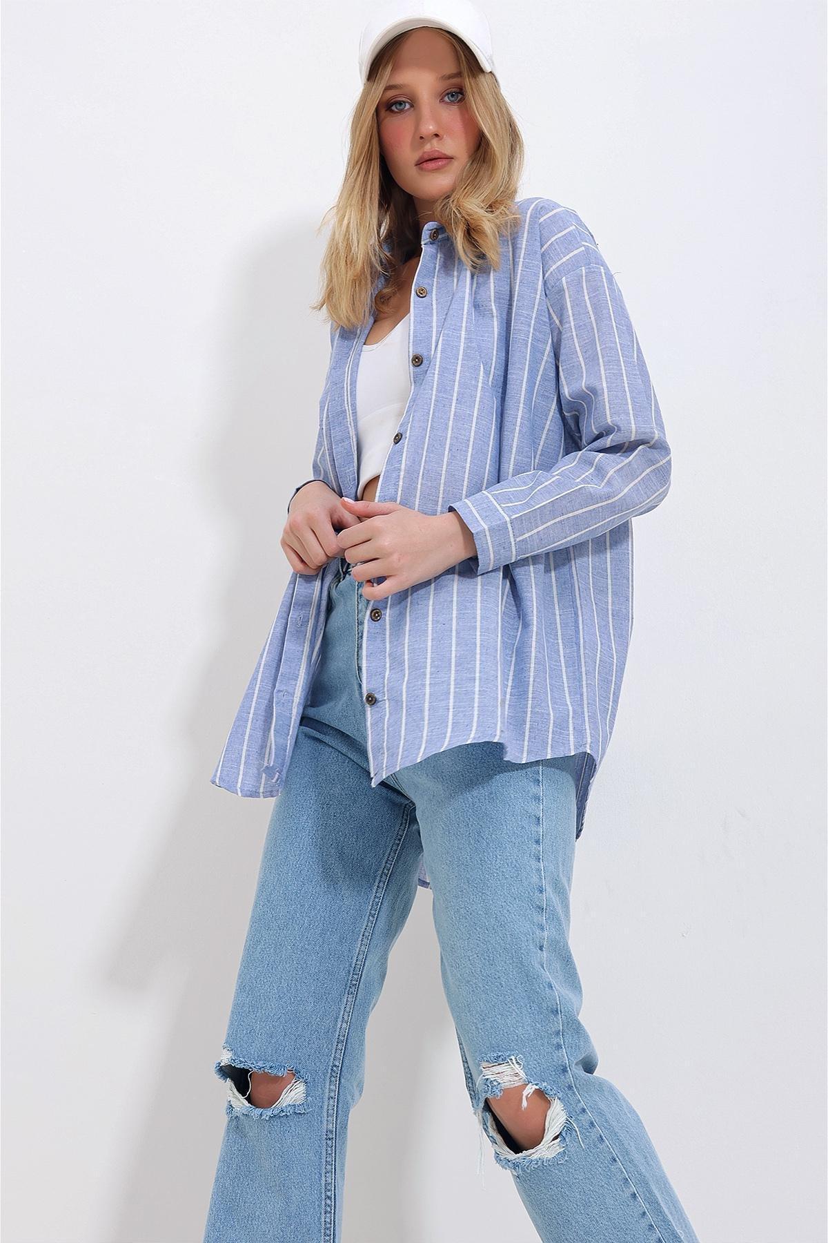 Womens Blue Striped Flared Oversize Linen Shirt ALC-X11419, Single, Blue, large image number 2
