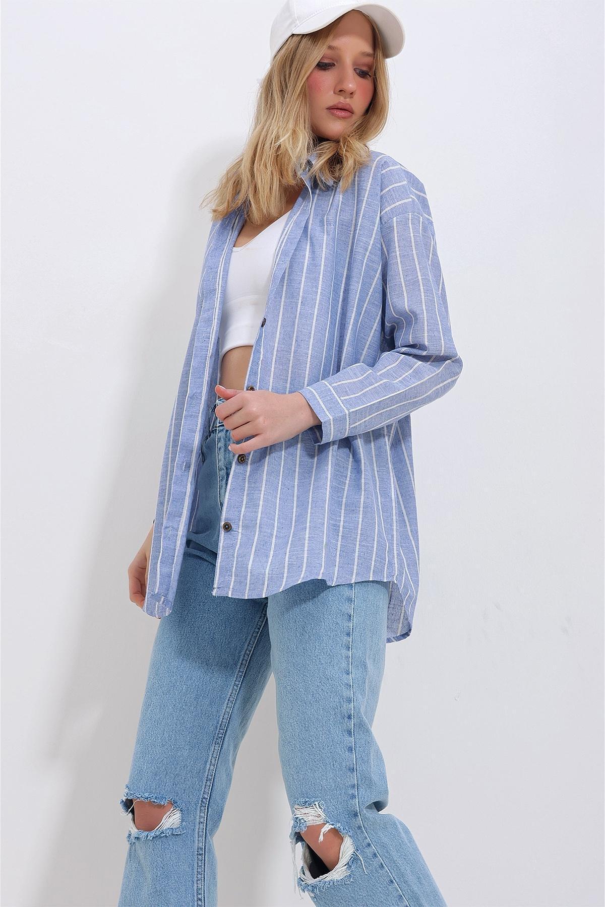 Womens Blue Striped Flared Oversize Linen Shirt ALC-X11419, Single, Blue, large image number 3
