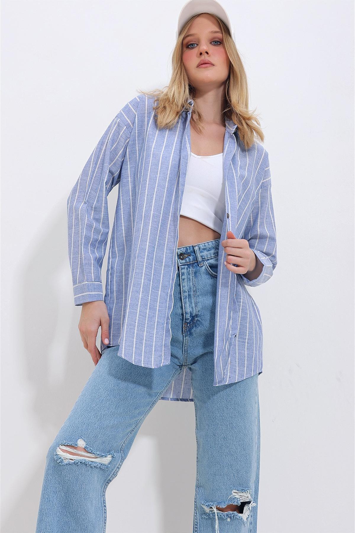Womens Blue Striped Flared Oversize Linen Shirt ALC-X11419, Single, Blue, large image number 4