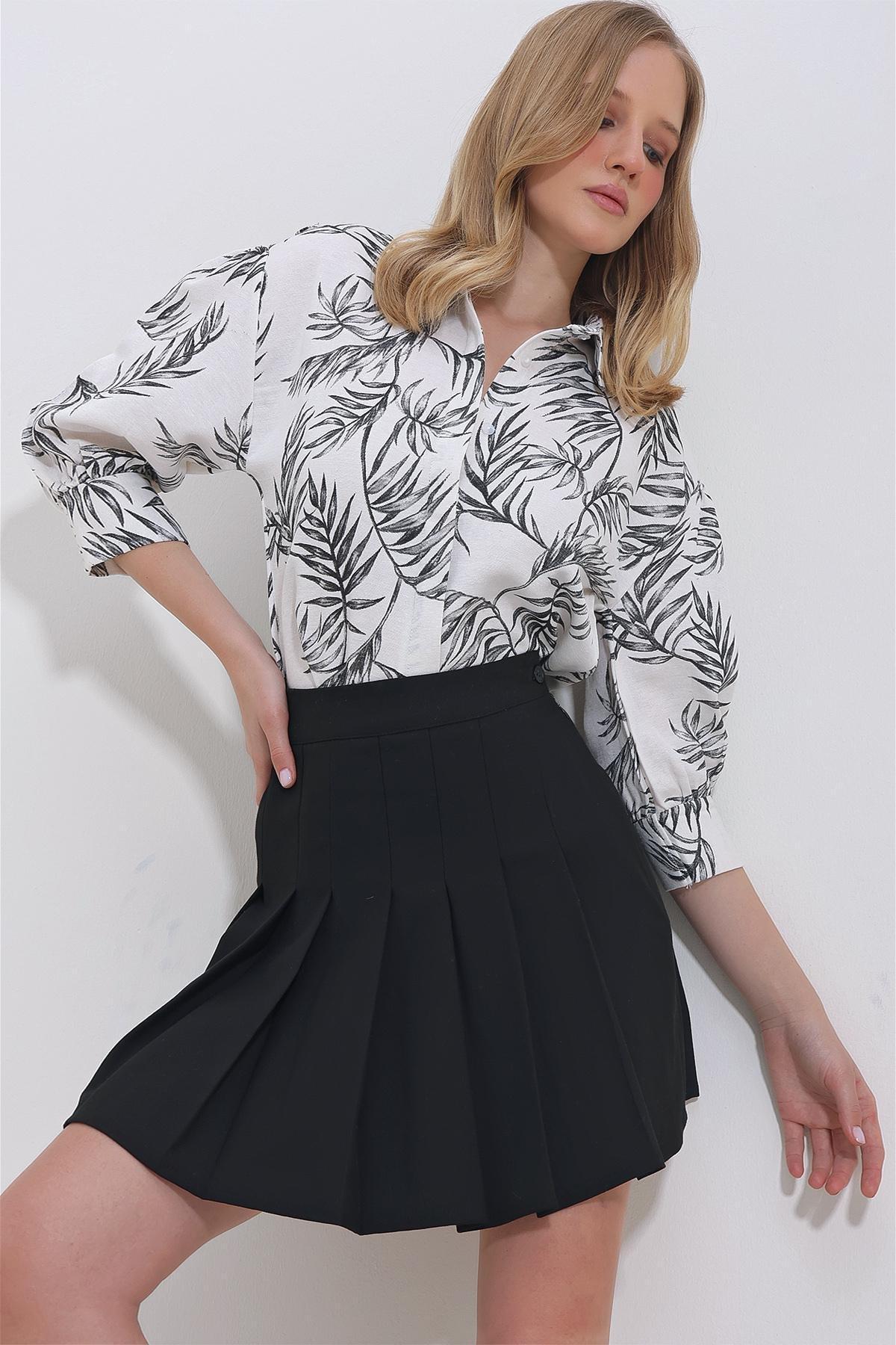 Womens Black Leaf Patterned Balloon Sleeve Hidden Placket Linen Shirt ALC-X11420, single, BLACK, large image number 0