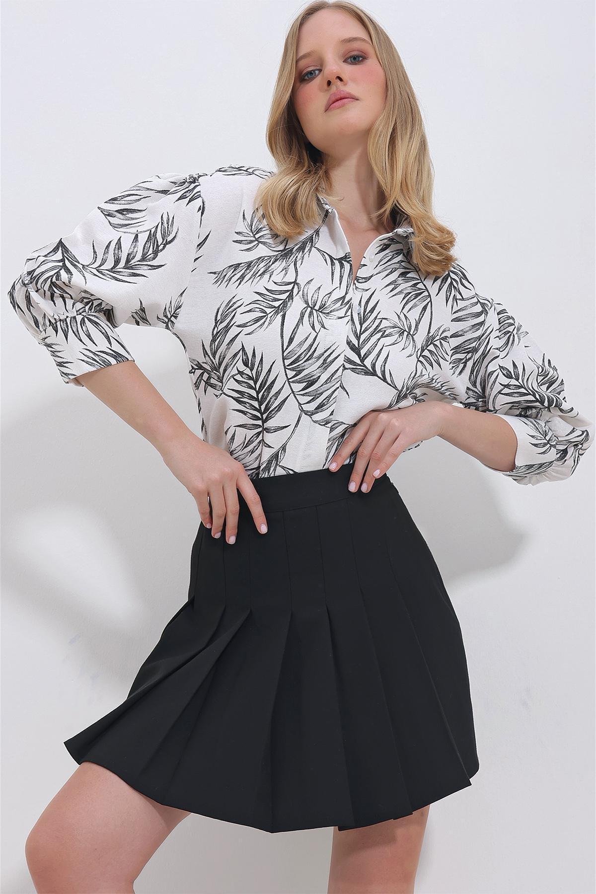 Womens Black Leaf Patterned Balloon Sleeve Hidden Placket Linen Shirt ALC-X11420, single, BLACK, large image number 2