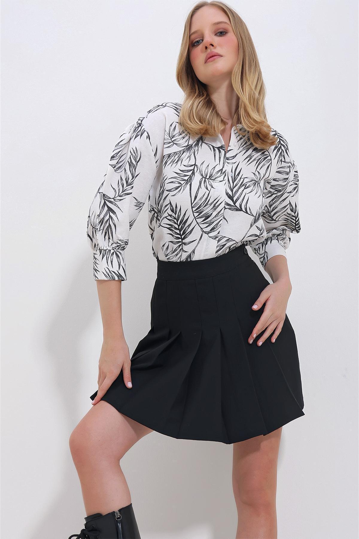 Womens Black Leaf Patterned Balloon Sleeve Hidden Placket Linen Shirt ALC-X11420, single, BLACK, large image number 3