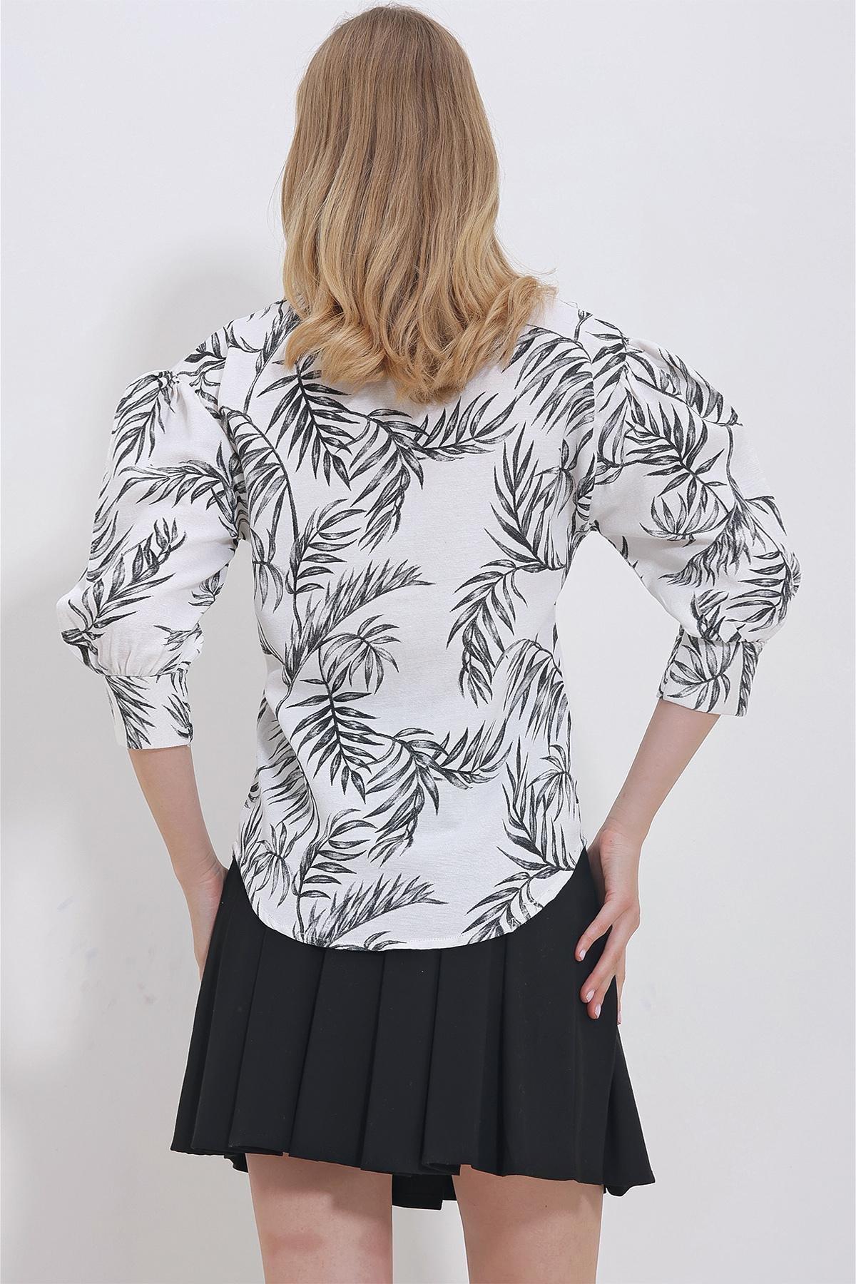 Womens Black Leaf Patterned Balloon Sleeve Hidden Placket Linen Shirt ALC-X11420, single, BLACK, large image number 4