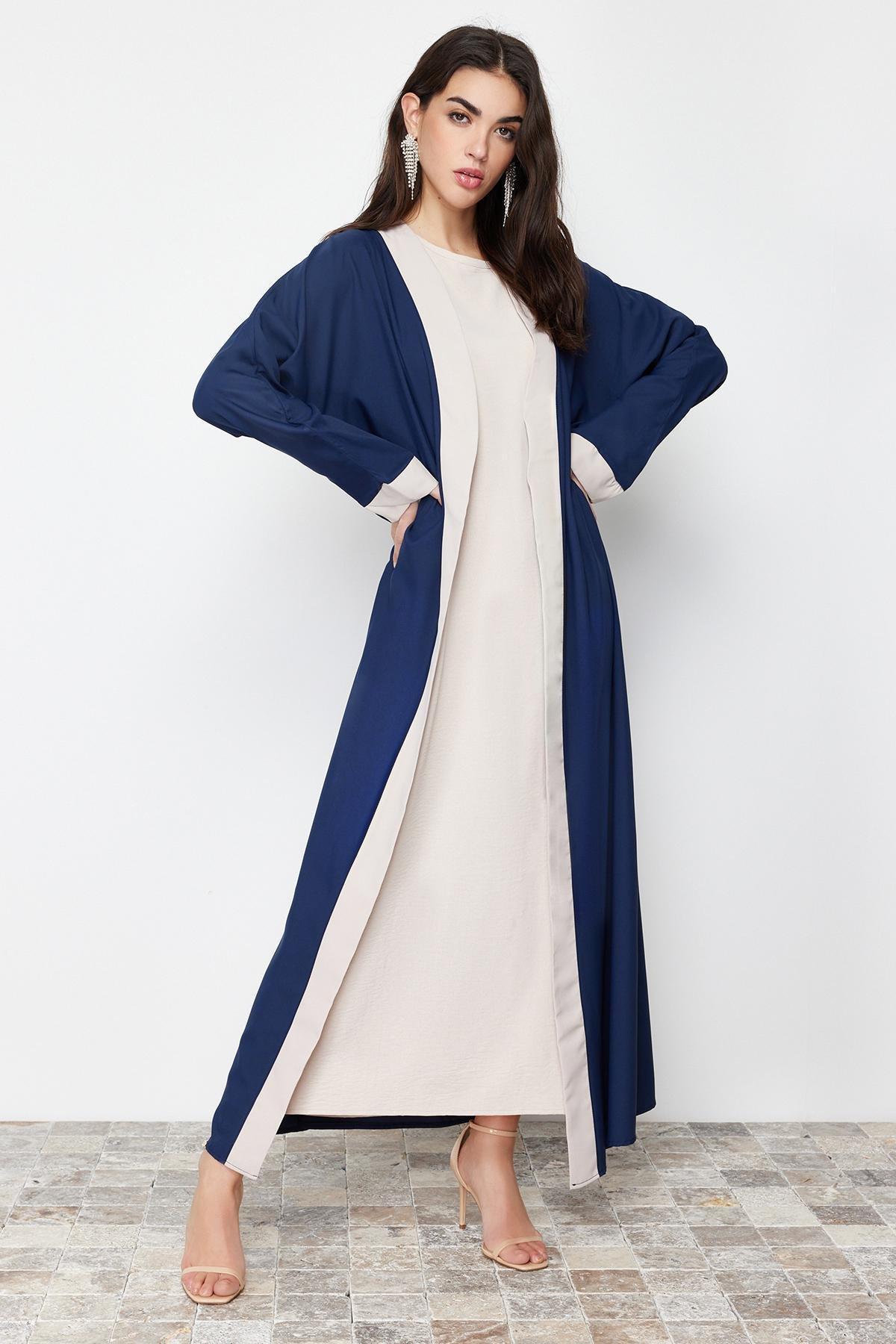 Navy Colour Block Long Abaya, , medium