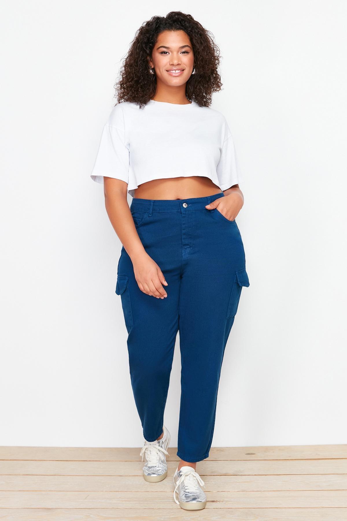 Dark Blue Cargo Pocket Detailed Mom Fit Jeans TBBSS24CJ00012, DARK BLUE, large image number 0