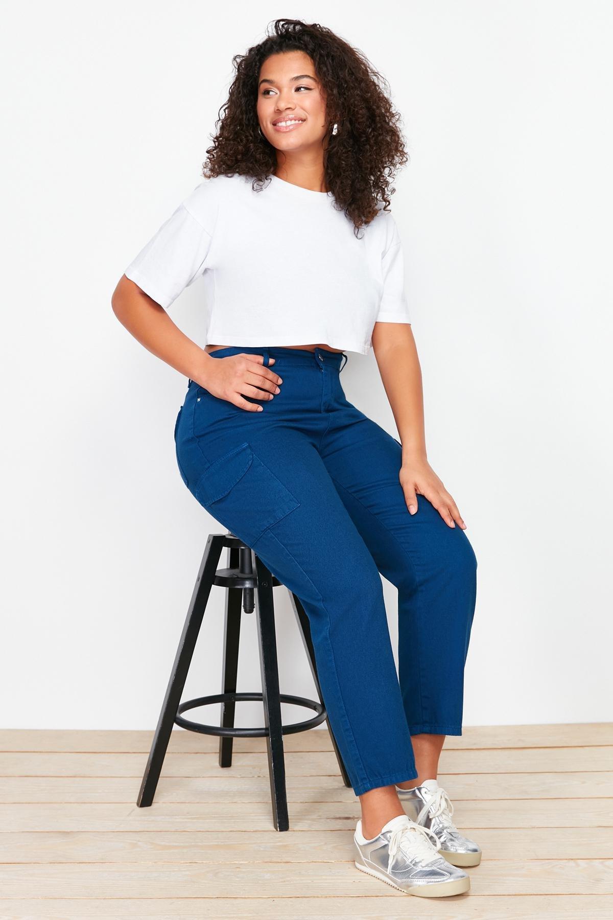 Dark Blue Cargo Pocket Detailed Mom Fit Jeans TBBSS24CJ00012, DARK BLUE, large image number 2