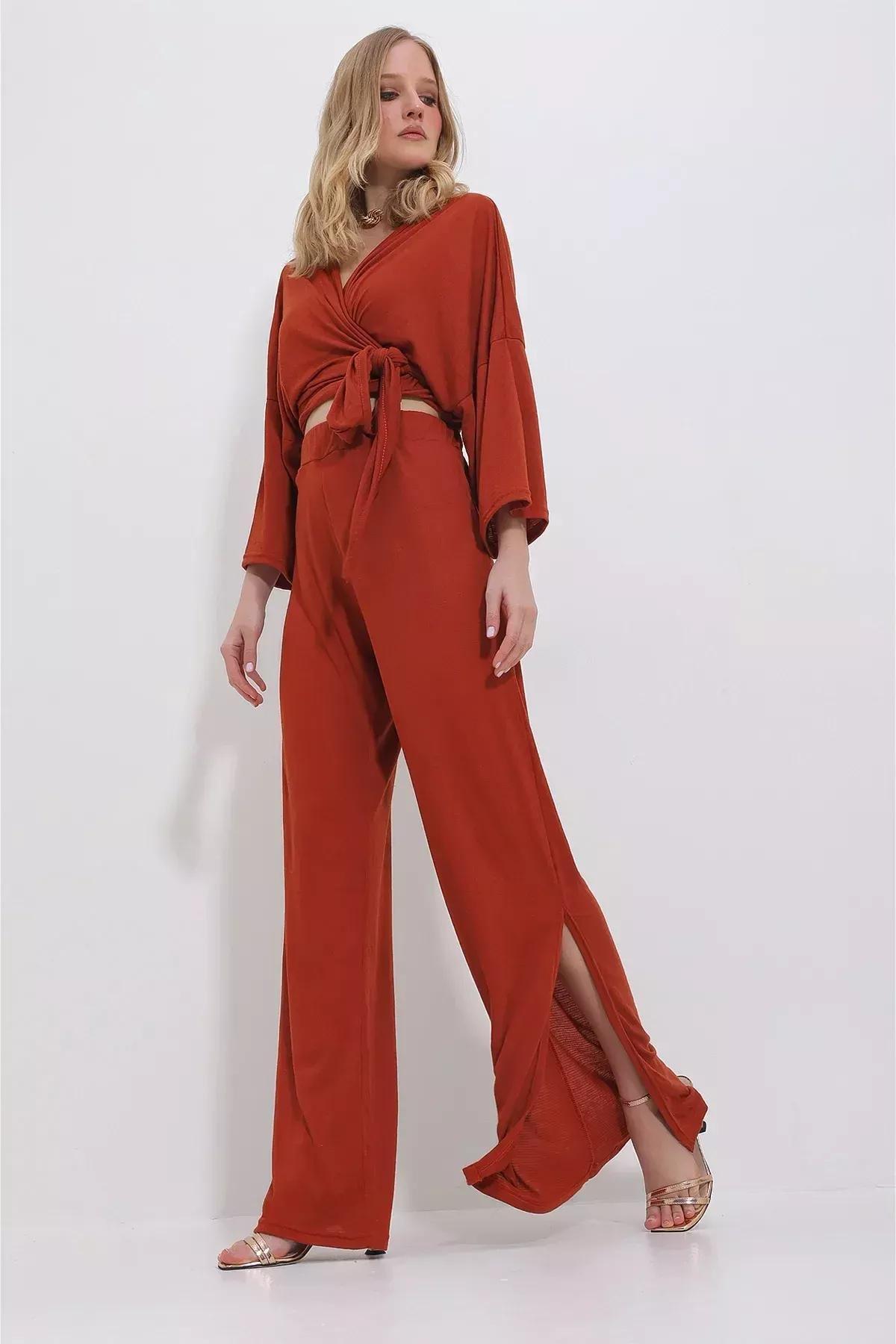 Womens Brick Double Breasted Collar Tied Blouse and Slit Loose Cut Trousers Suit ALC-X11422, 2s, Tile, large image number 0