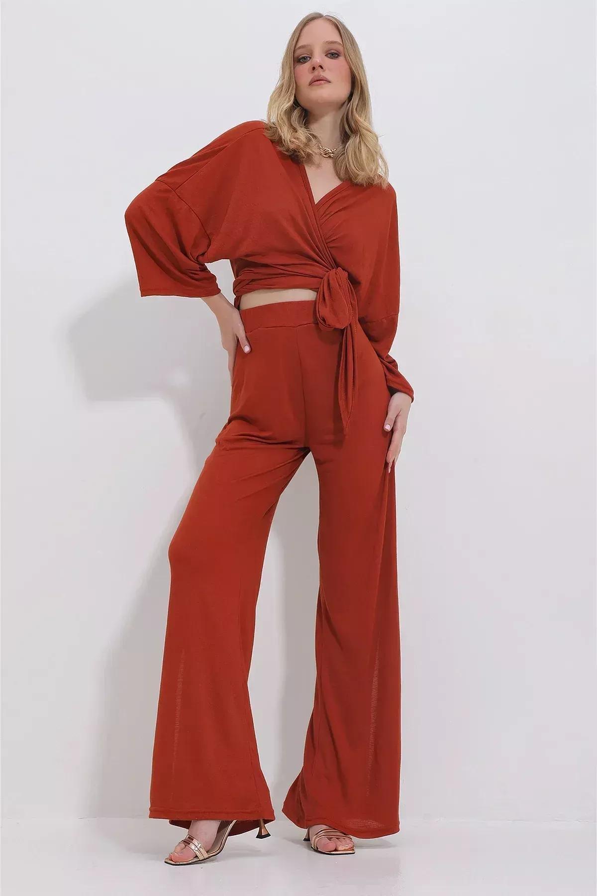 Womens Brick Double Breasted Collar Tied Blouse and Slit Loose Cut Trousers Suit ALC-X11422, 2s, Tile, large image number 1