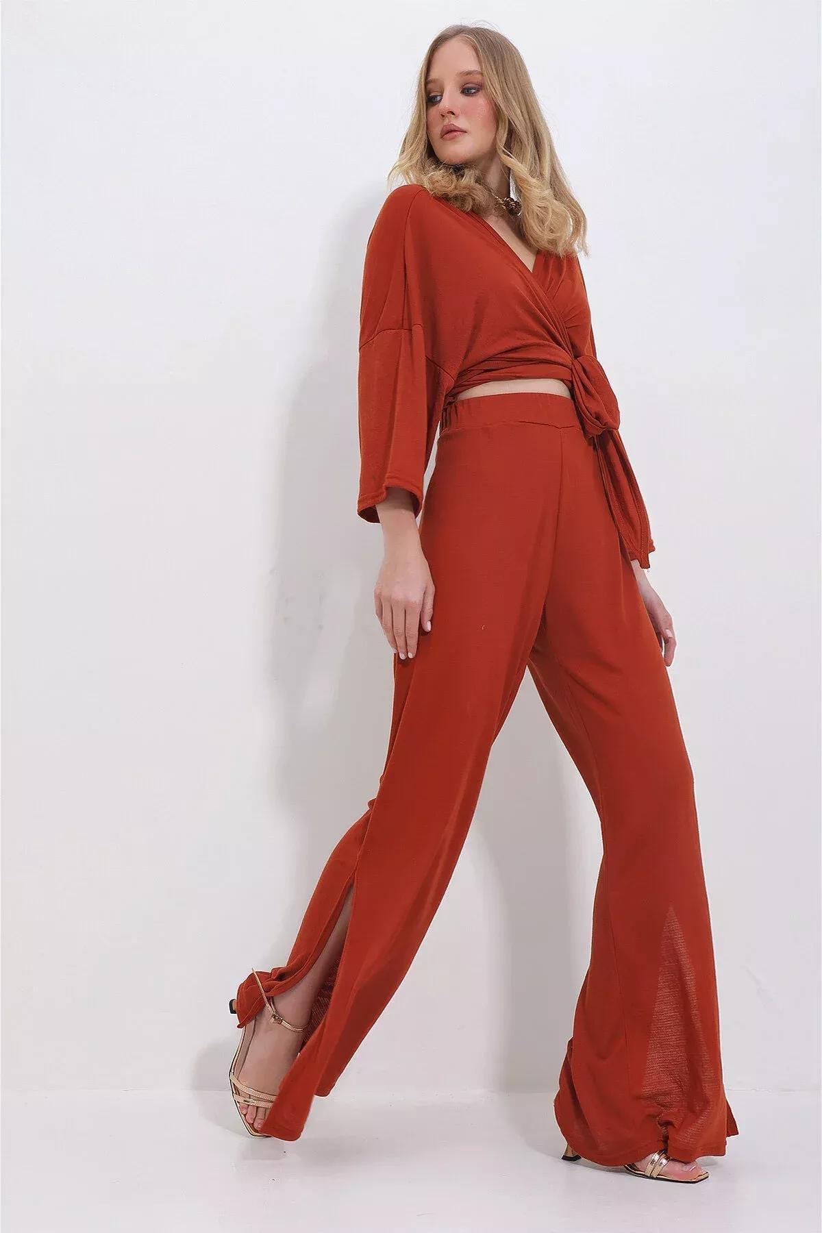 Womens Brick Double Breasted Collar Tied Blouse and Slit Loose Cut Trousers Suit ALC-X11422, 2s, Tile, large image number 2