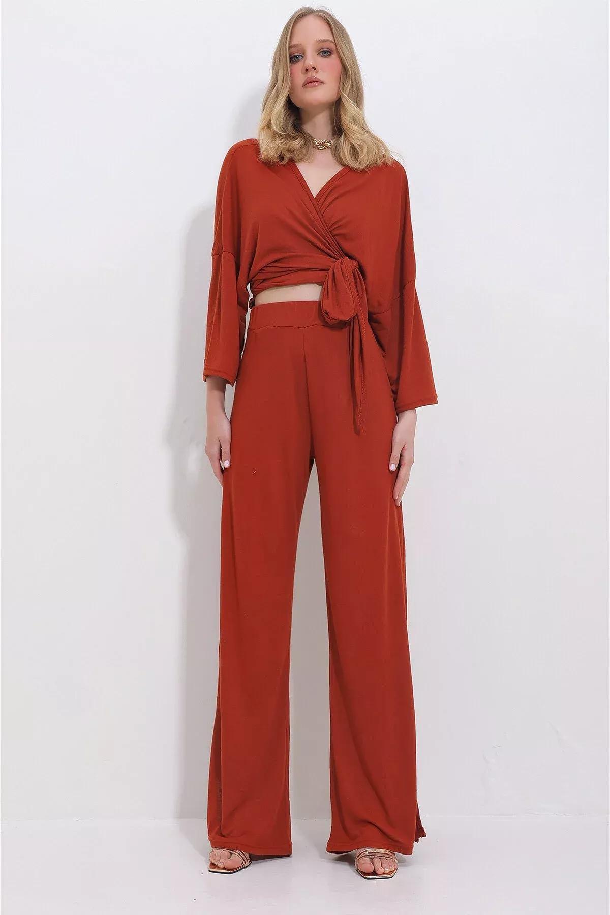 Womens Brick Double Breasted Collar Tied Blouse and Slit Loose Cut Trousers Suit ALC-X11422, 2s, Tile, large image number 3