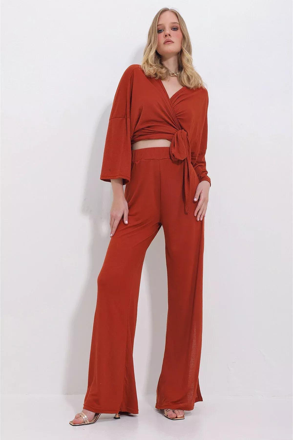 Womens Brick Double Breasted Collar Tied Blouse and Slit Loose Cut Trousers Suit ALC-X11422, 2s, Tile, large image number 4