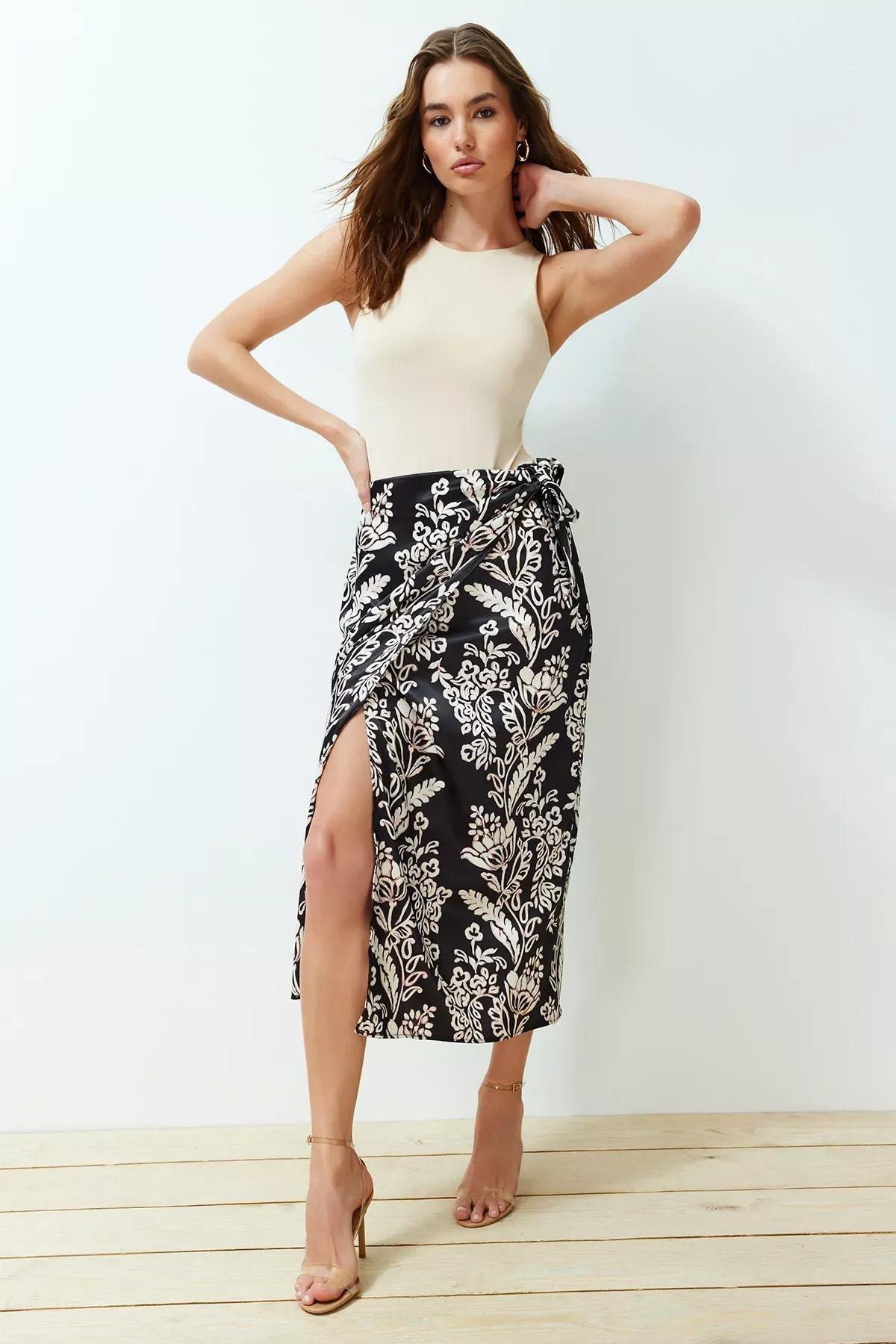 Multicolour Front Tie Satin Midi Skirt, , large image number 0