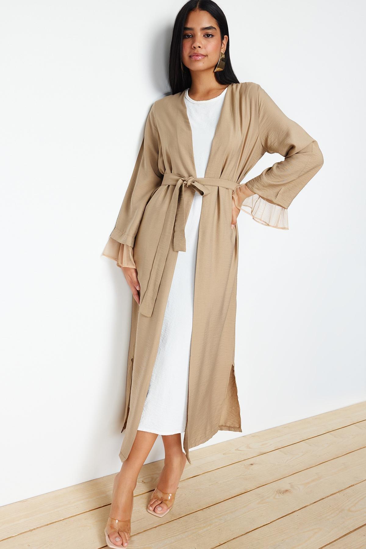 Mink Belted Tulle Detailed Woven Cap & Ferace & Abaya TCTSS24KF00010, Mink, large image number 0