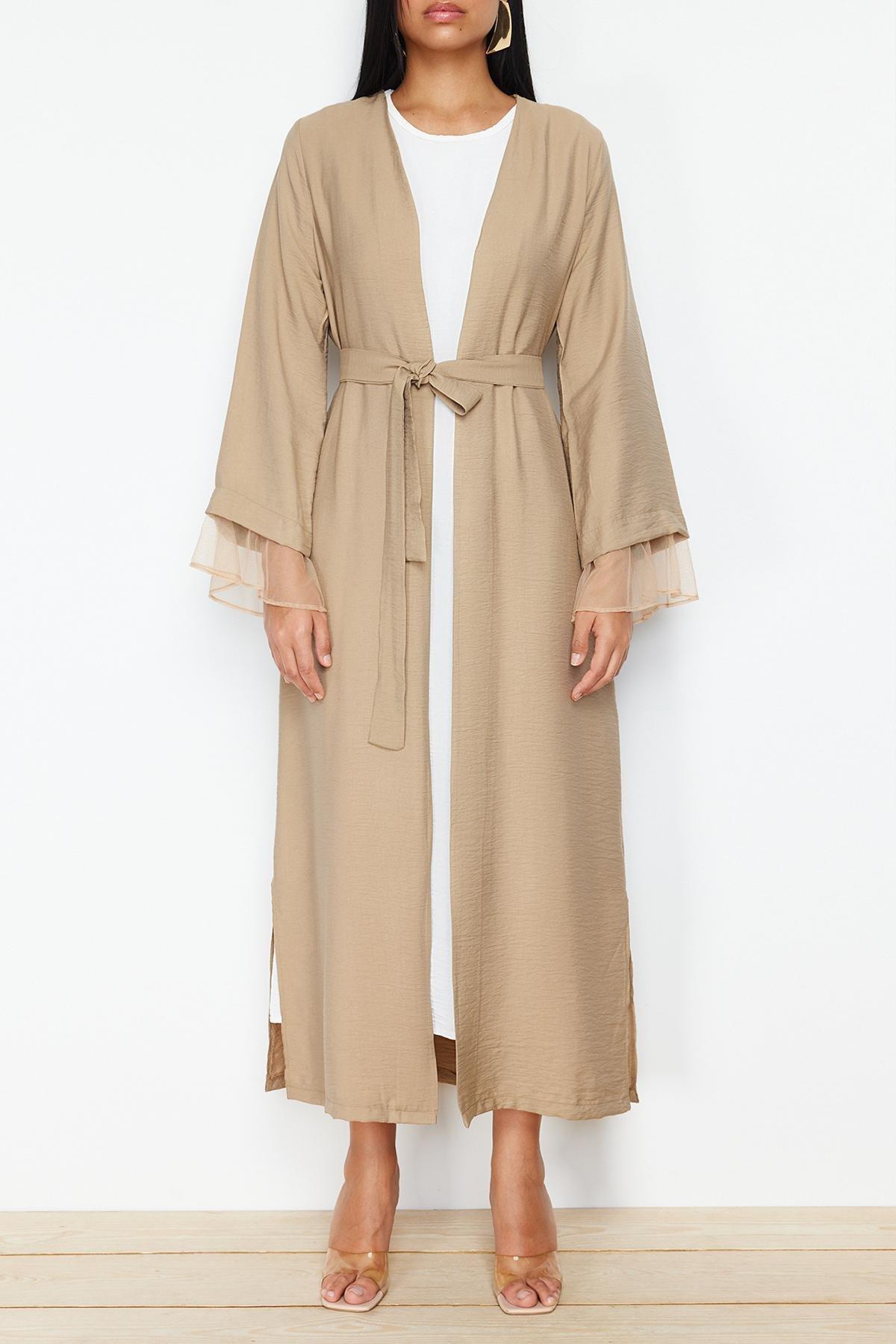 Mink Belted Tulle Detailed Woven Cap & Ferace & Abaya TCTSS24KF00010, Mink, large image number 1