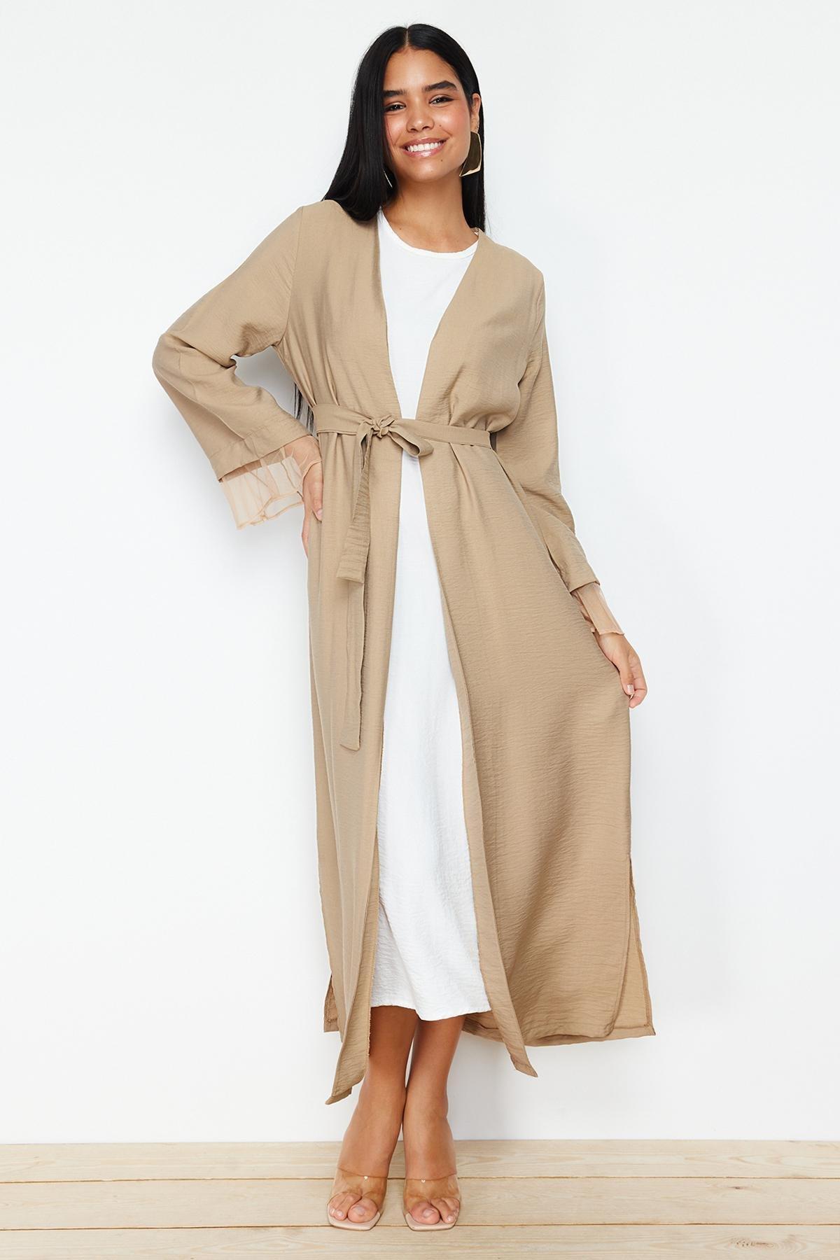 Mink Belted Tulle Detailed Woven Cap & Ferace & Abaya TCTSS24KF00010, Mink, large image number 2