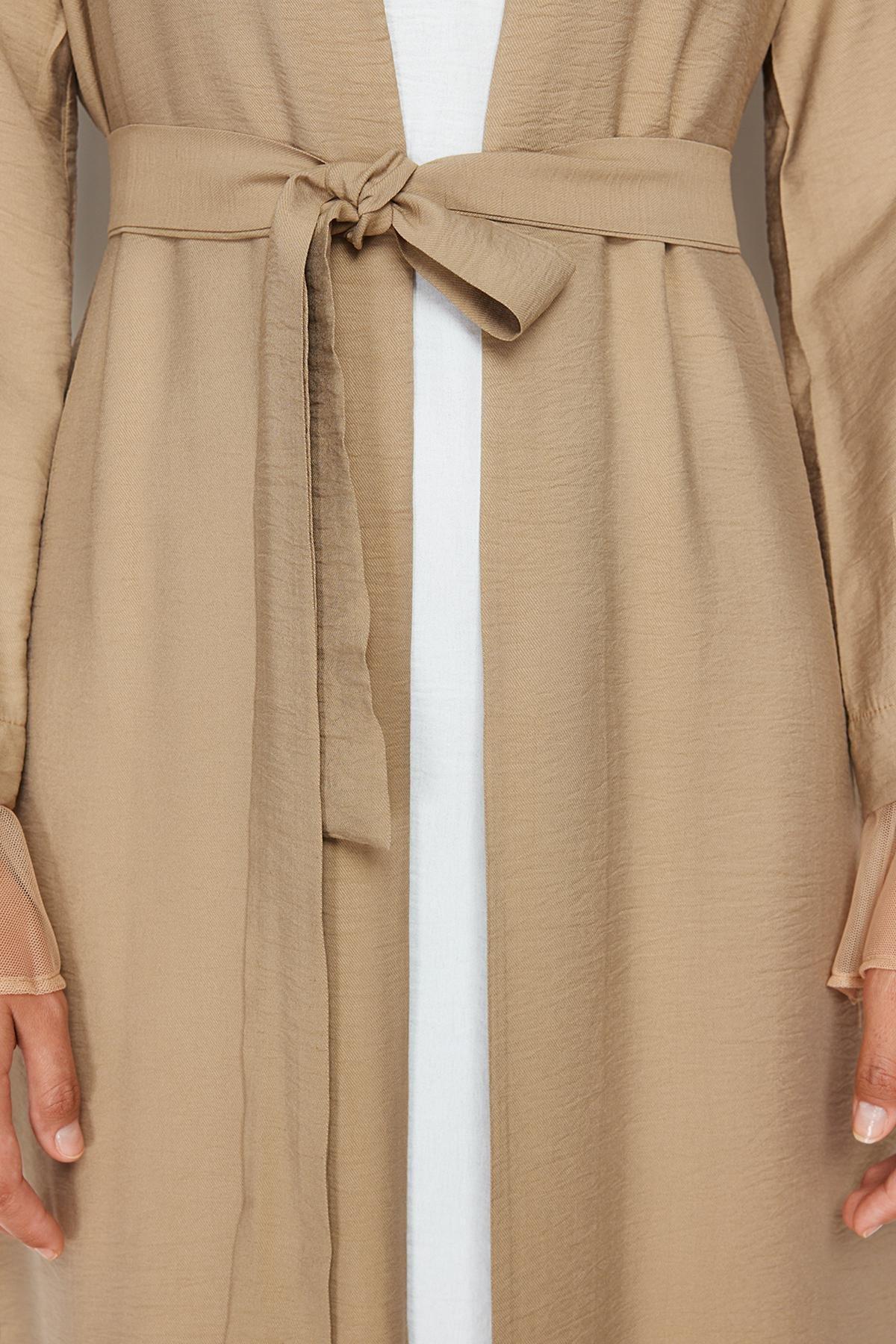 Mink Belted Tulle Detailed Woven Cap & Ferace & Abaya TCTSS24KF00010, Mink, large image number 3