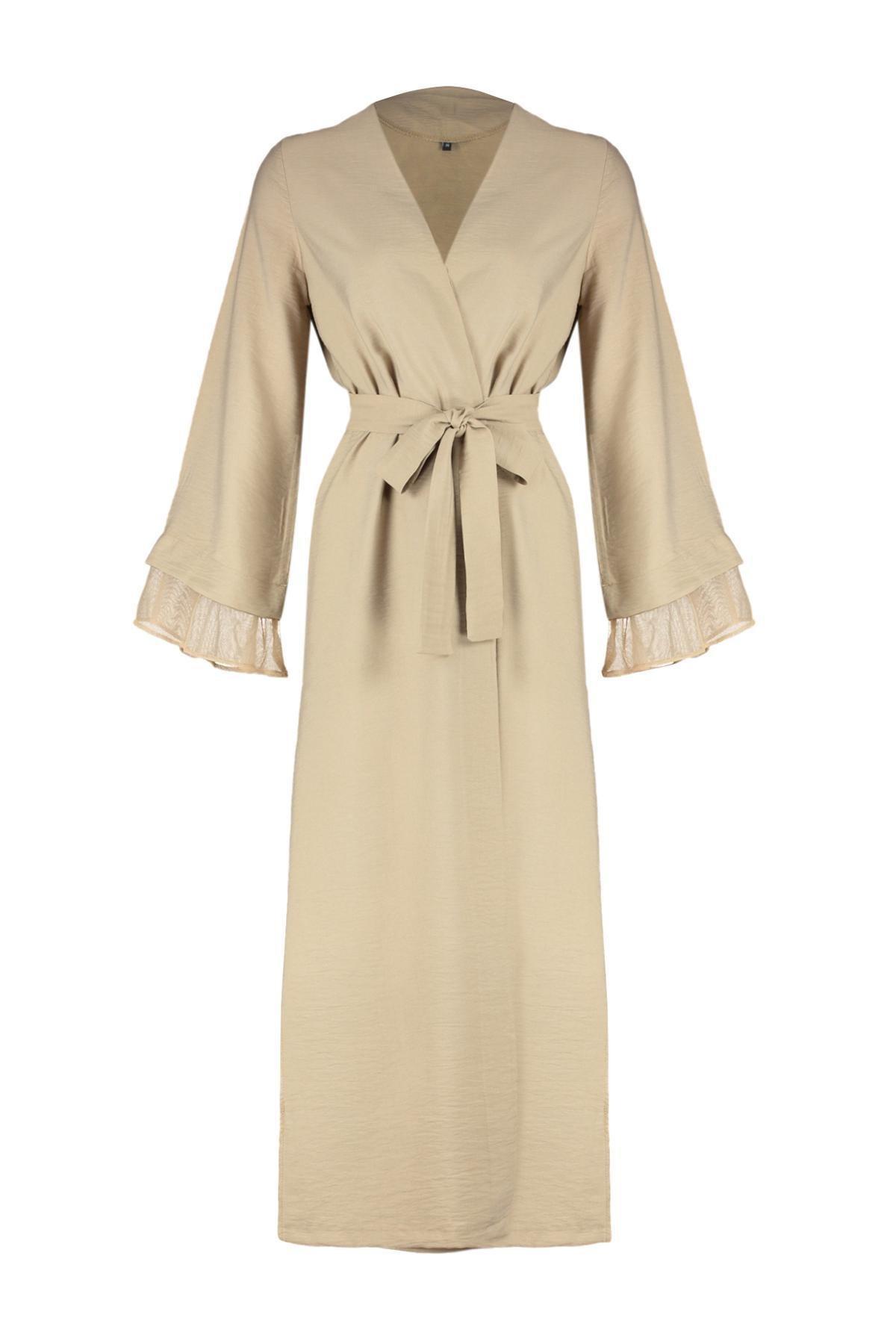 Mink Belted Tulle Detailed Woven Cap & Ferace & Abaya TCTSS24KF00010, Mink, large image number 4