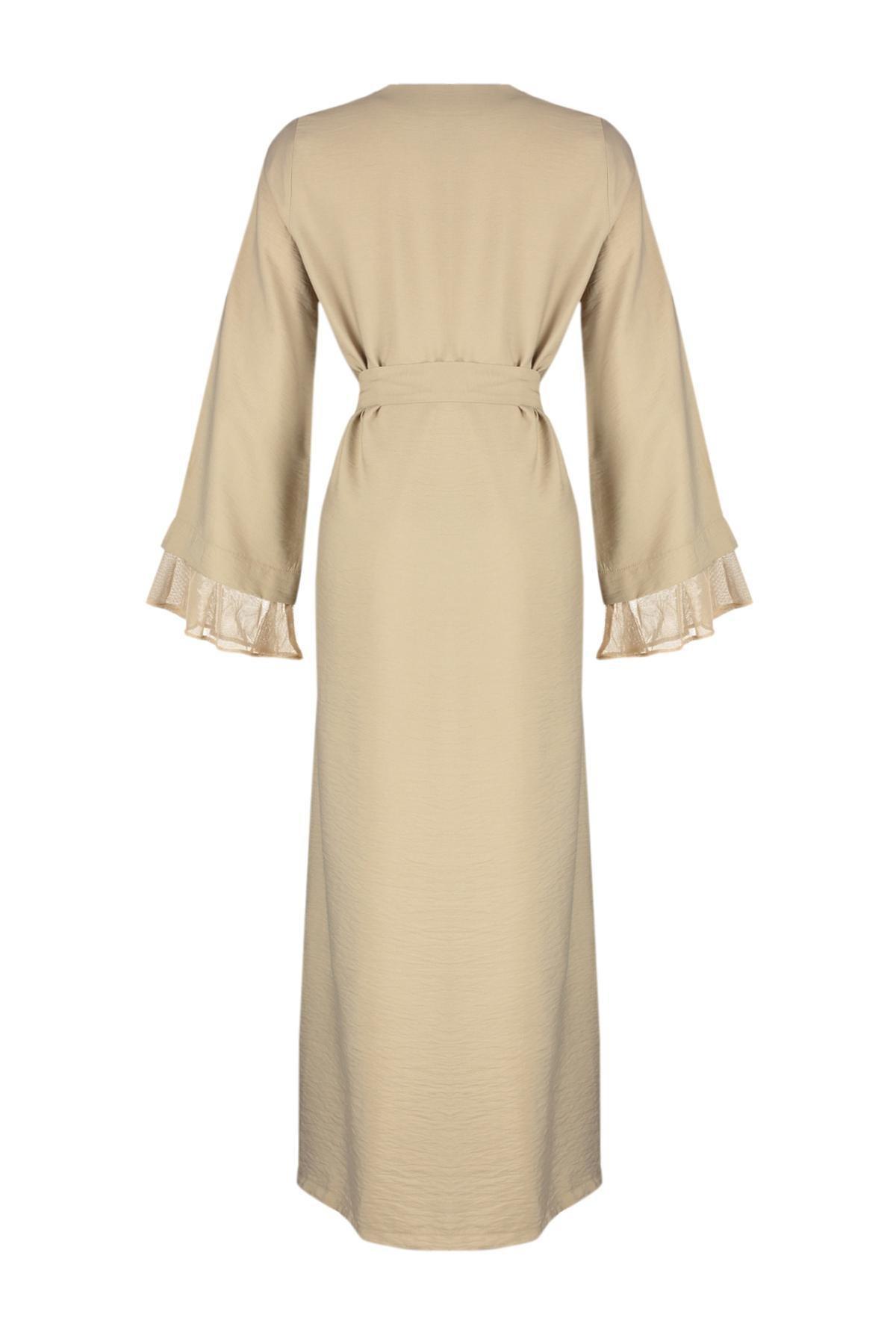 Mink Belted Tulle Detailed Woven Cap & Ferace & Abaya TCTSS24KF00010, Mink, large image number 5