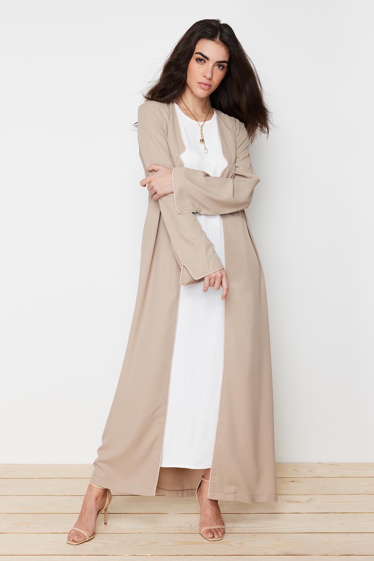 Beige Piping Detailed Abaya, , large image number 0