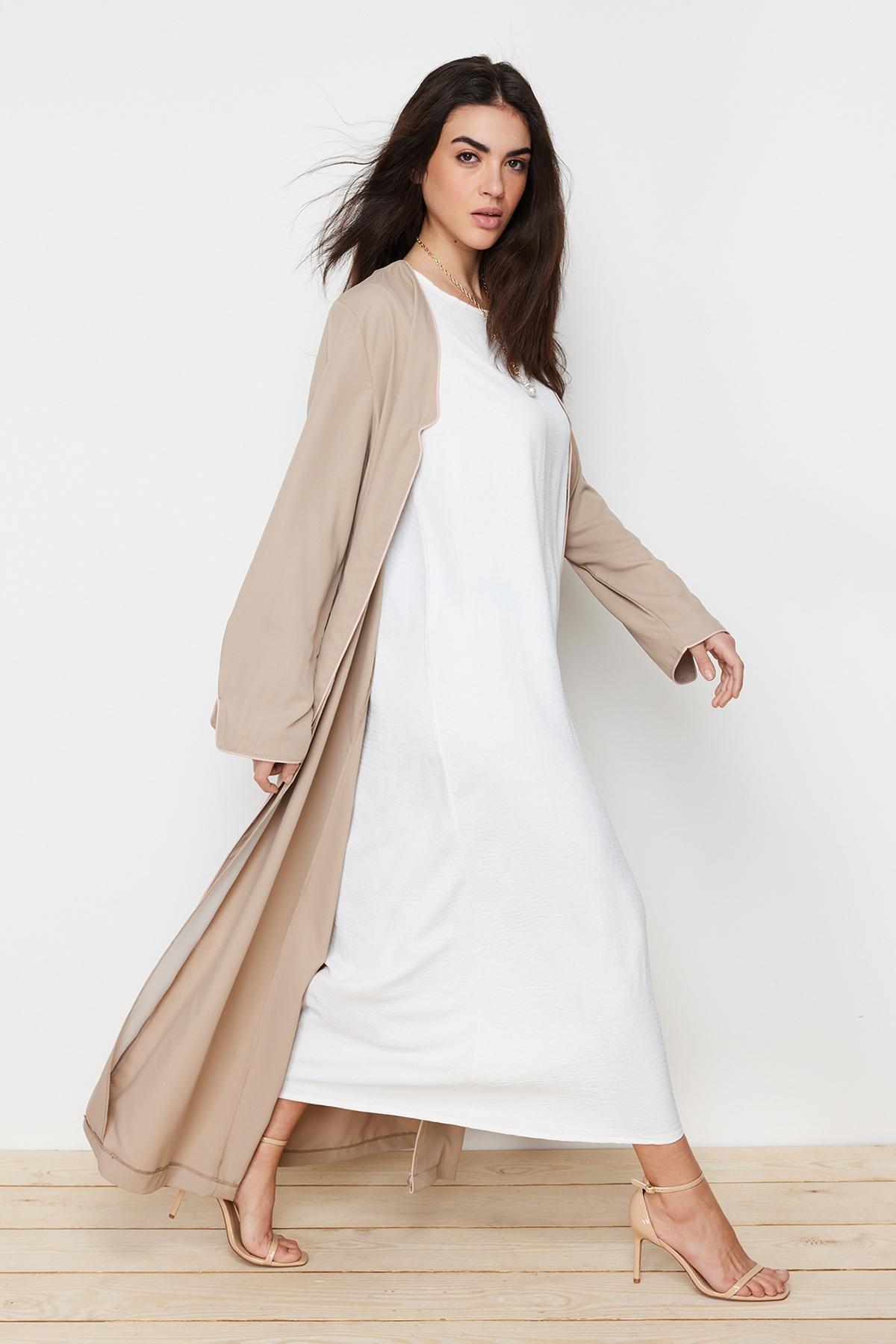 Beige Piping Detailed Abaya, , large image number 1