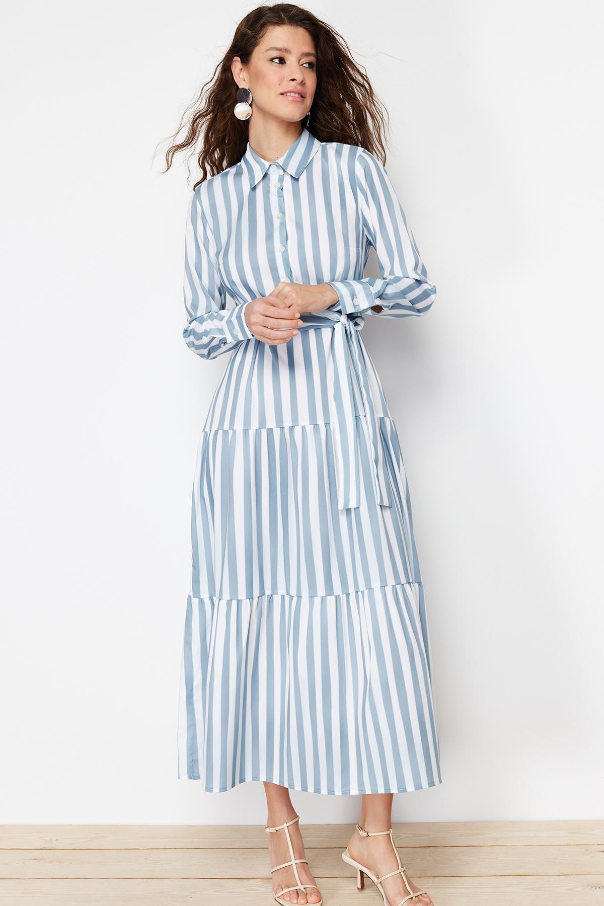 Blue Striped Shirt Dress, , large image number 1