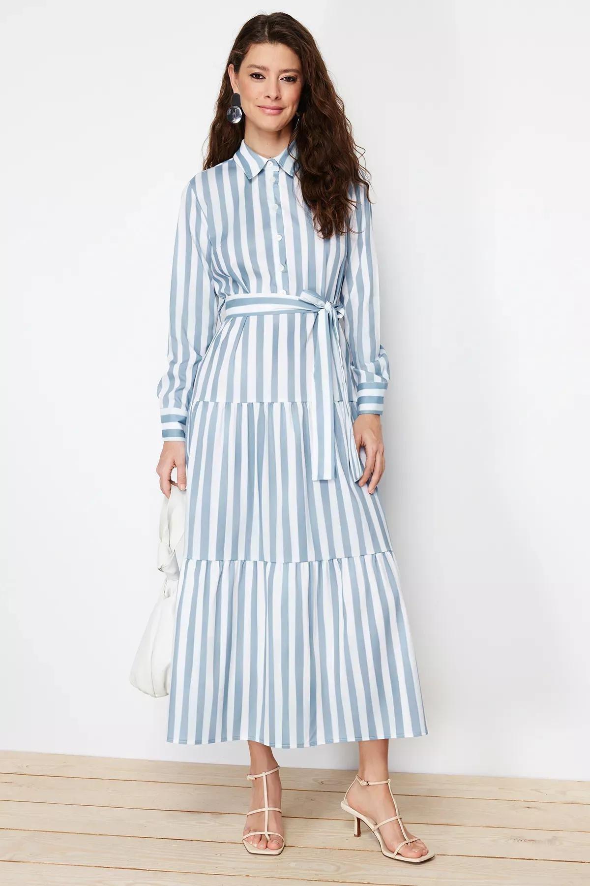 Blue Striped Shirt Dress, Blue, large image number 1