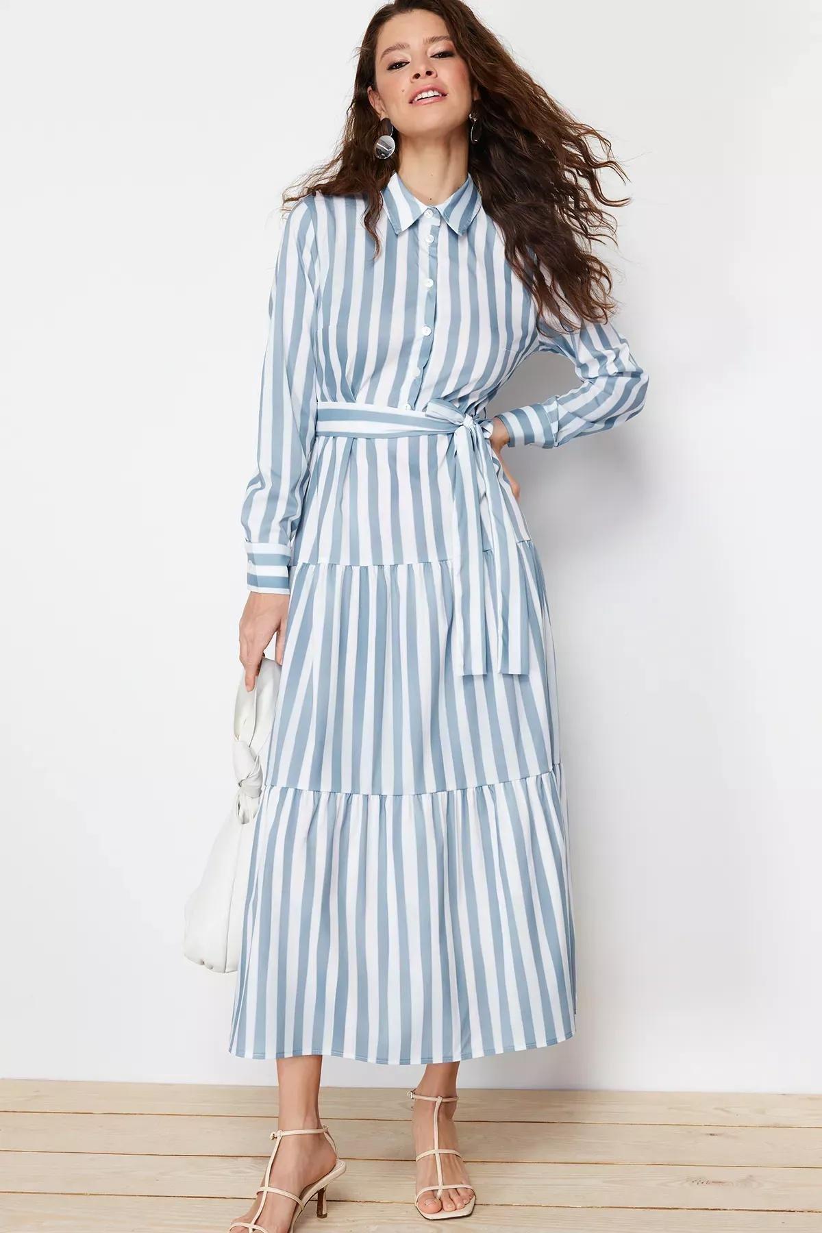 Blue Striped Shirt Dress, Blue, large image number 2