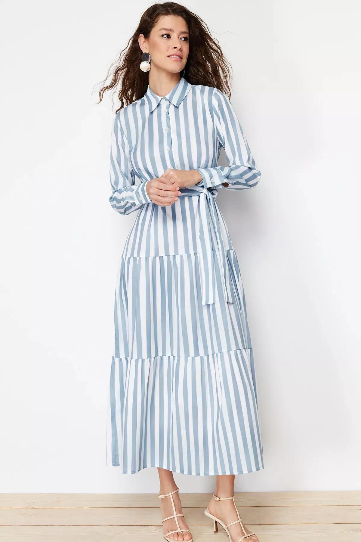 Blue Striped Shirt Dress, Blue, large image number 3