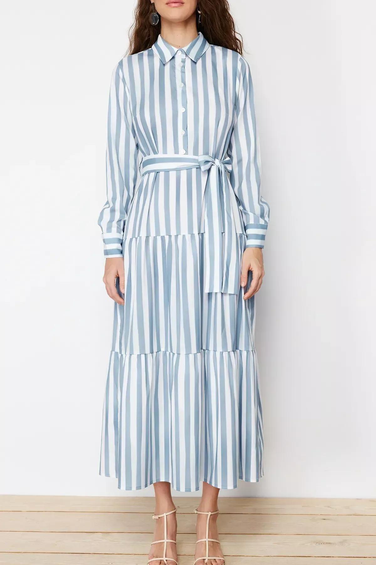 Blue Striped Shirt Dress, Blue, large image number 5