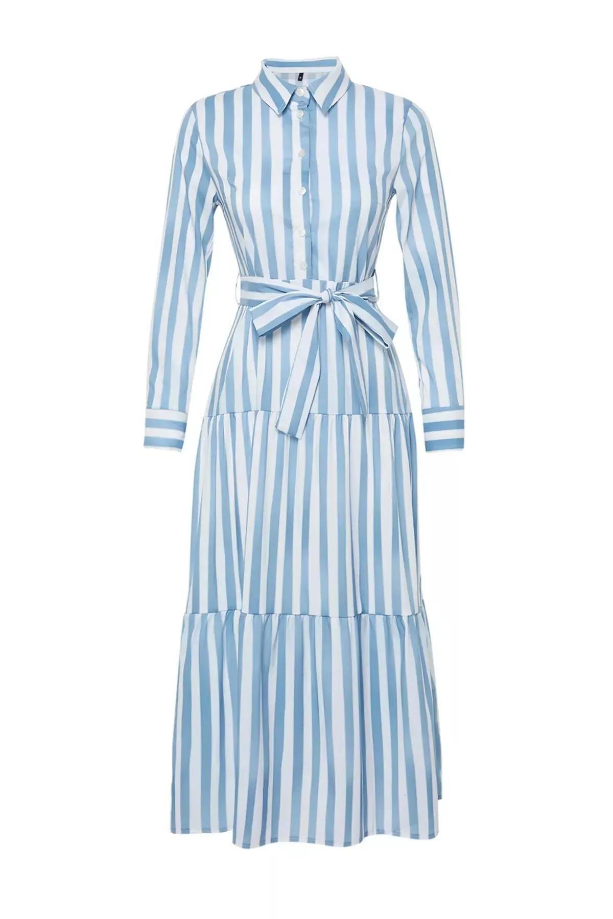 Blue Striped Shirt Dress, Blue, large image number 6