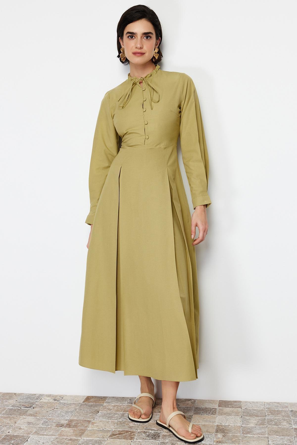Khaki Collar Tie Detailed Buttoned Woven Dress TCTSS24EB00149, Khaki, large image number 0