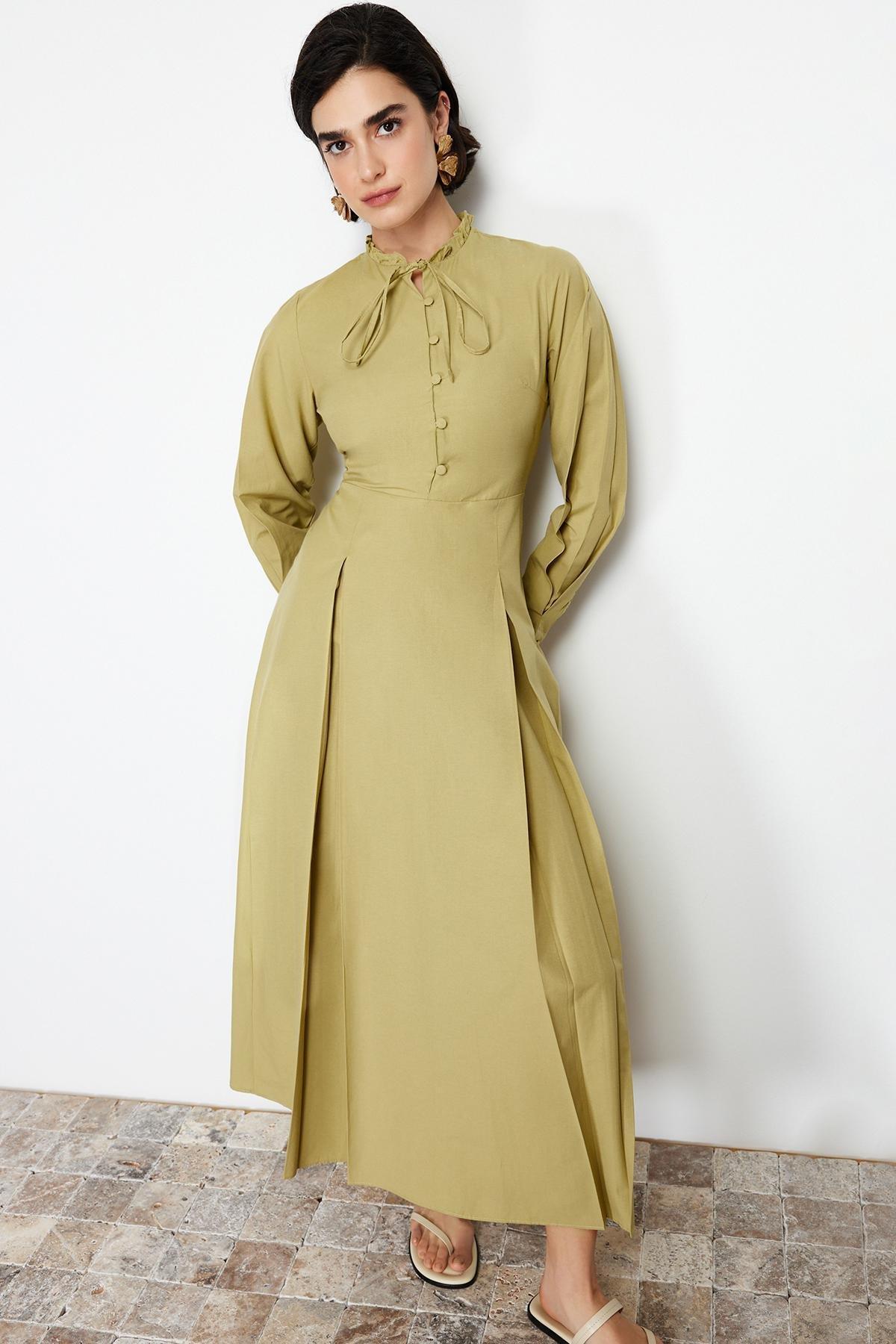 Khaki Collar Tie Detailed Buttoned Woven Dress TCTSS24EB00149, Khaki, large image number 1