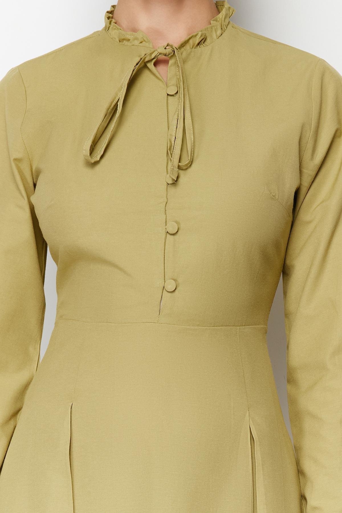 Khaki Collar Tie Detailed Buttoned Woven Dress TCTSS24EB00149, Khaki, large image number 2