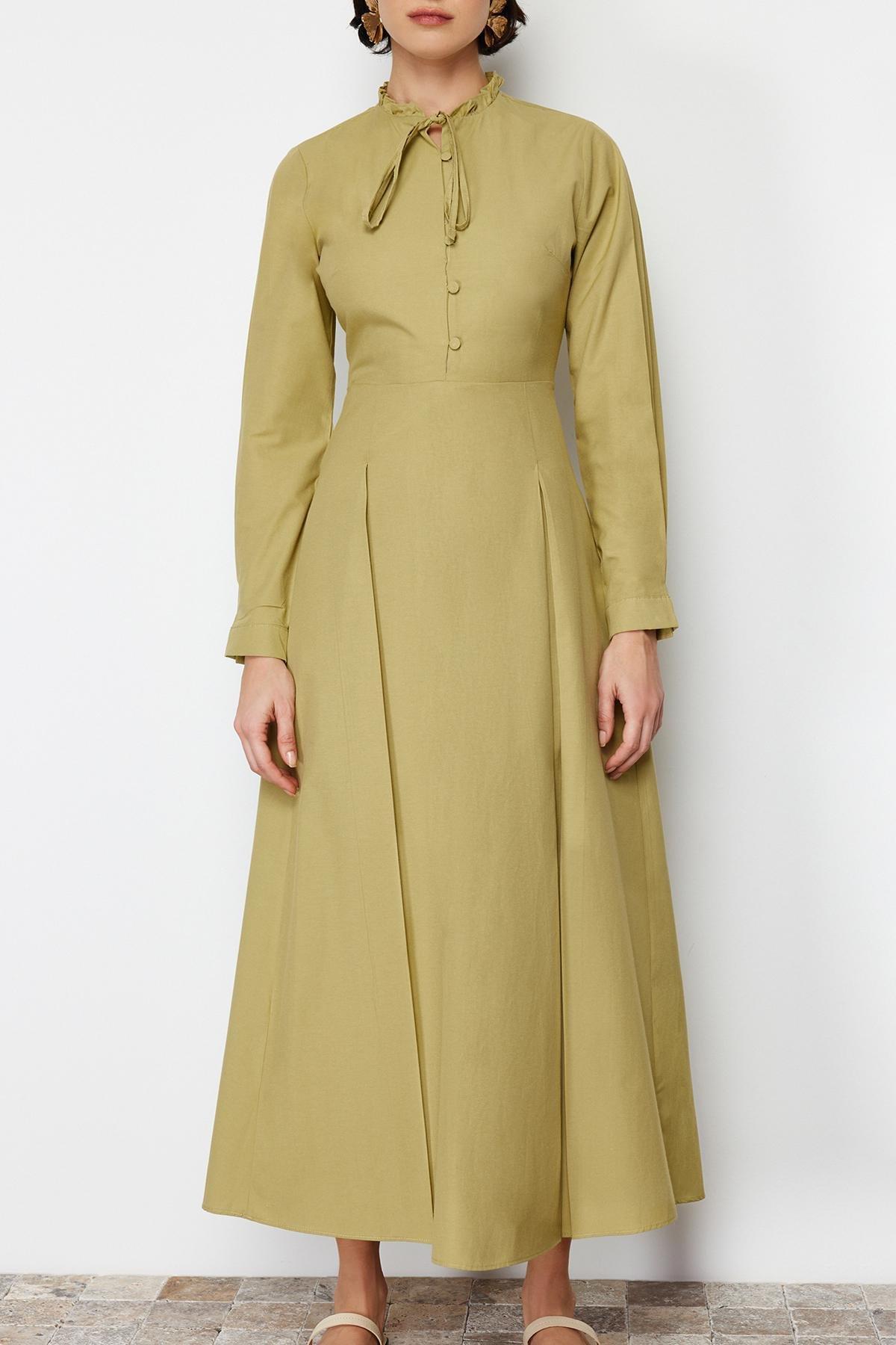 Khaki Collar Tie Detailed Buttoned Woven Dress TCTSS24EB00149, Khaki, large image number 3