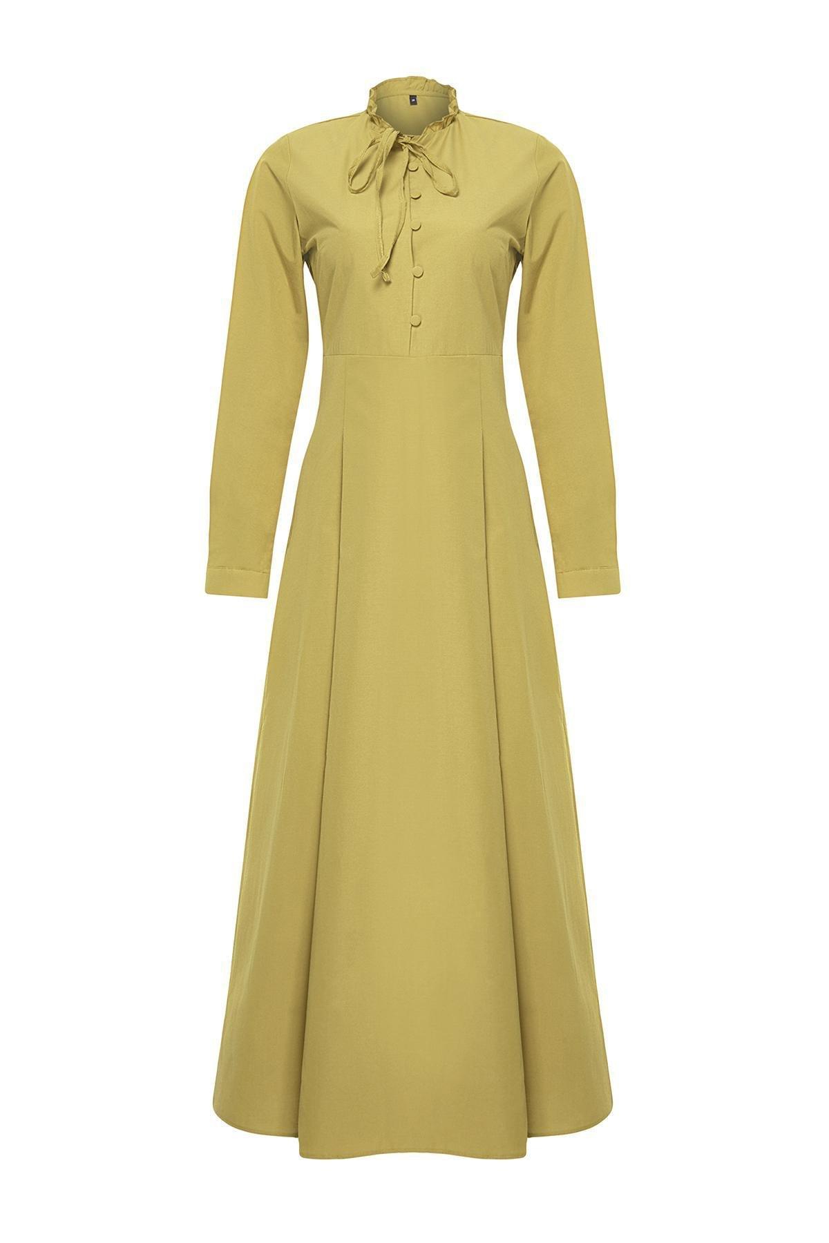 Khaki Collar Tie Detailed Buttoned Woven Dress TCTSS24EB00149, Khaki, large image number 4