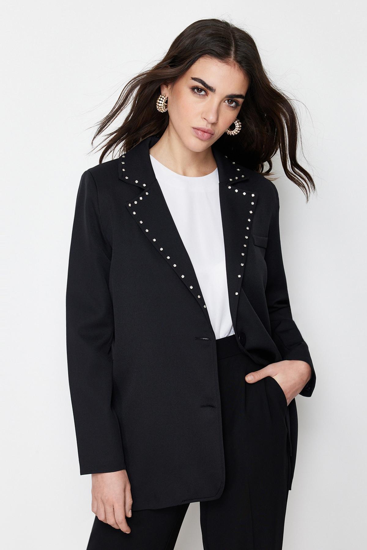 Black Collared Detailed Lined Jacket, , large image number 0