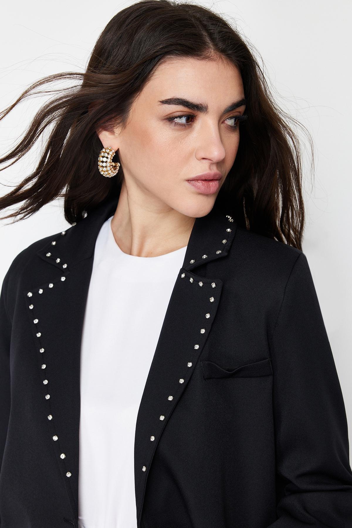Black Collared Detailed Lined Jacket, , large image number 1