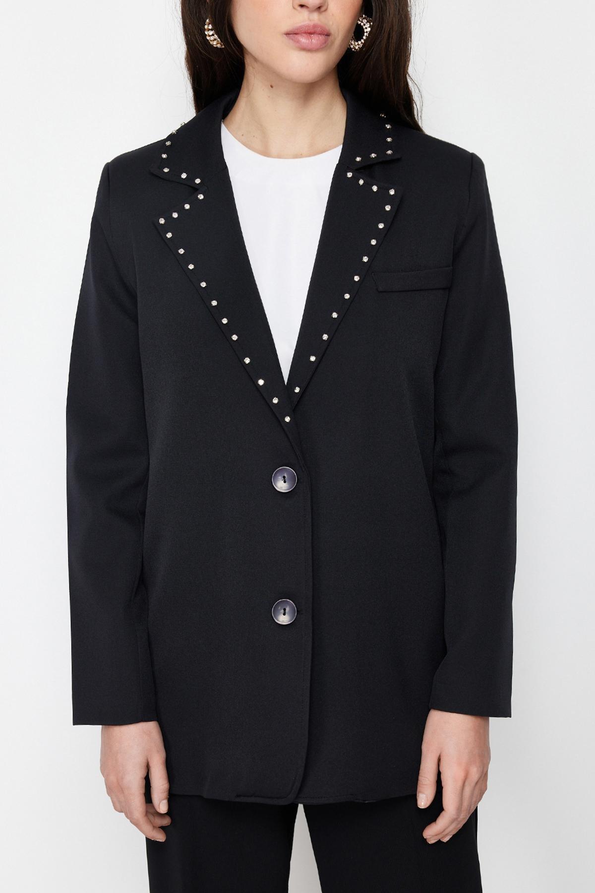 Black Collared Detailed Lined Jacket, , large image number 2