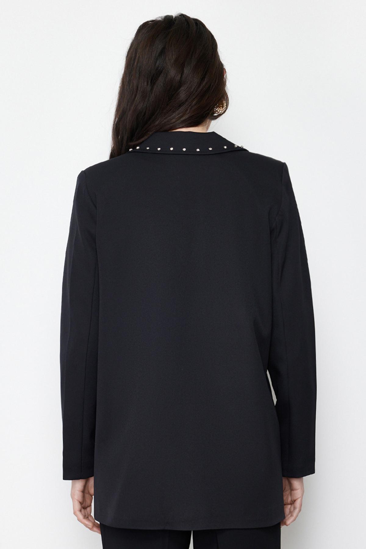 Black Collared Detailed Lined Jacket, , large image number 4