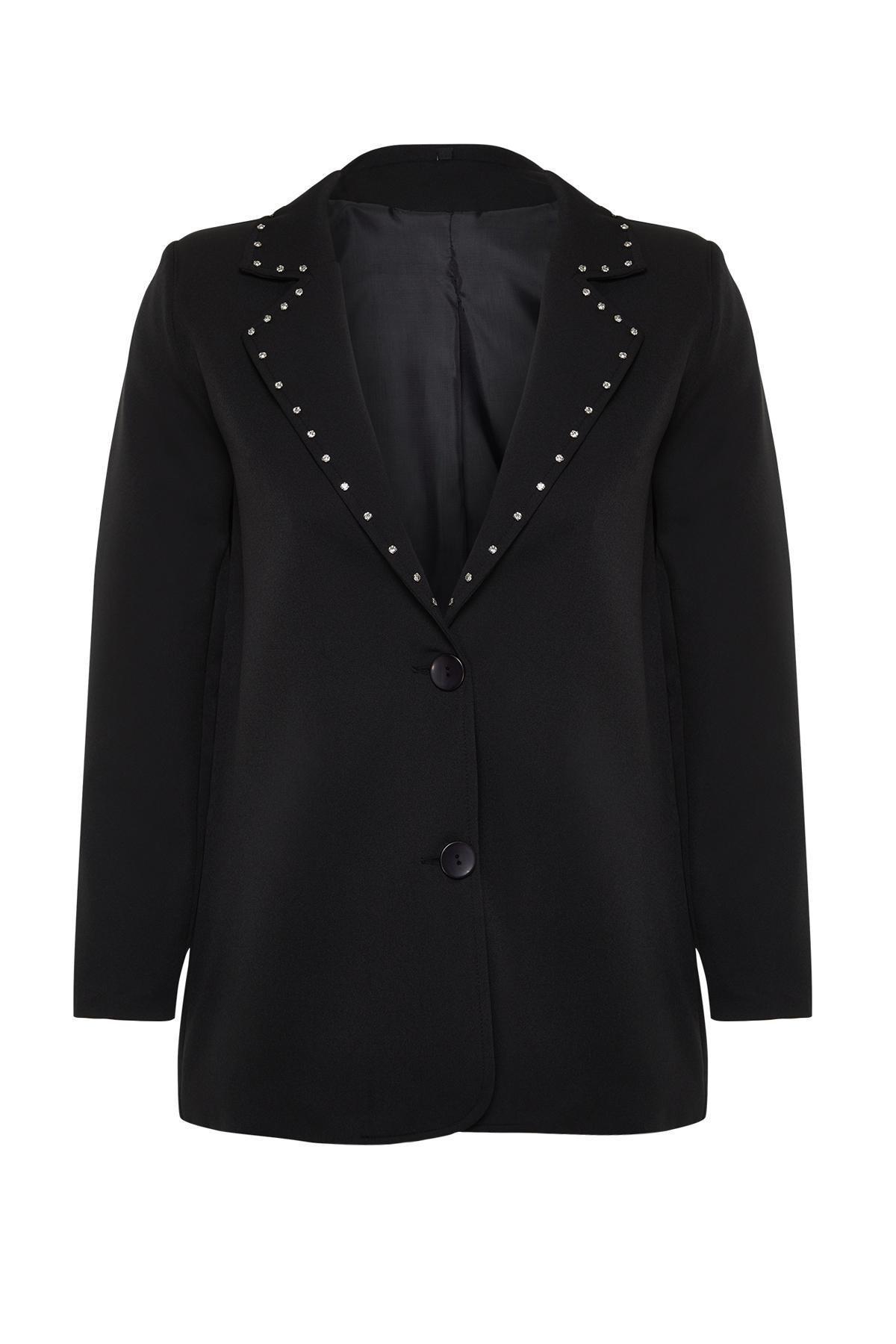Black Collared Detailed Lined Jacket, , large image number 5