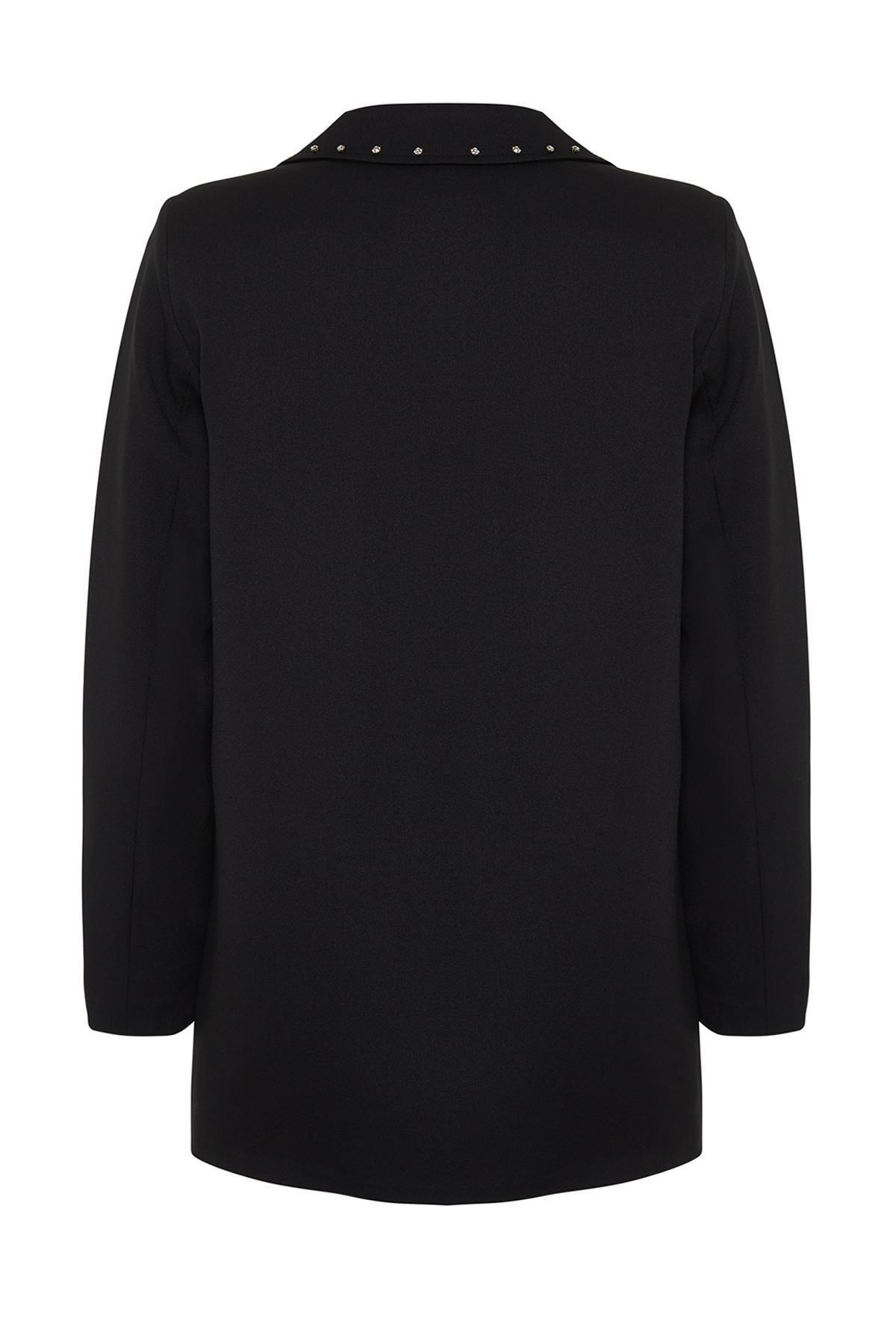 Black Collared Detailed Lined Jacket, , large image number 6
