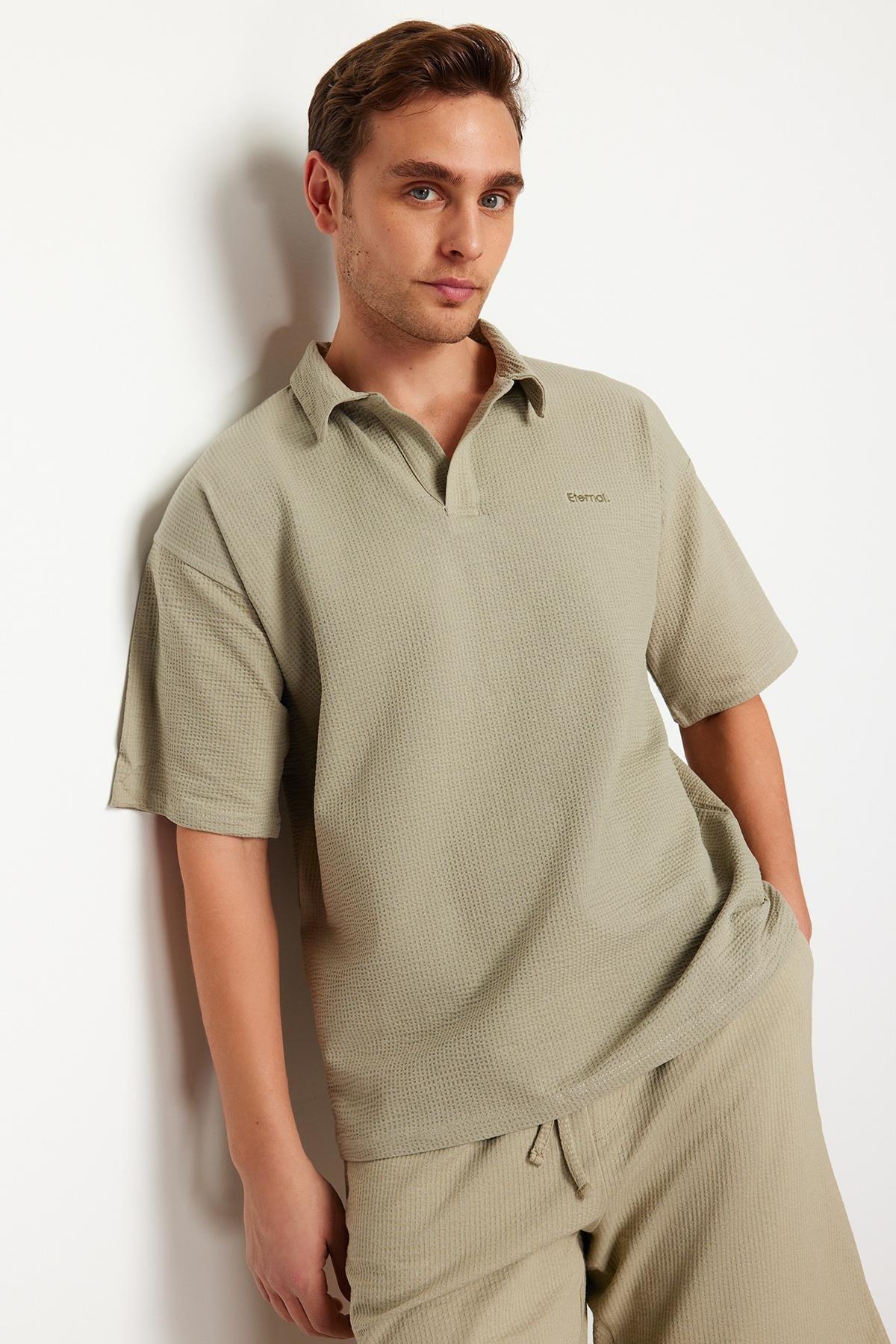 Limited Edition Stone Oversize/Wide Cut Text Embroidered Textured Polo Neck T-Shirt TMNSS24PO00011, , large image number 0