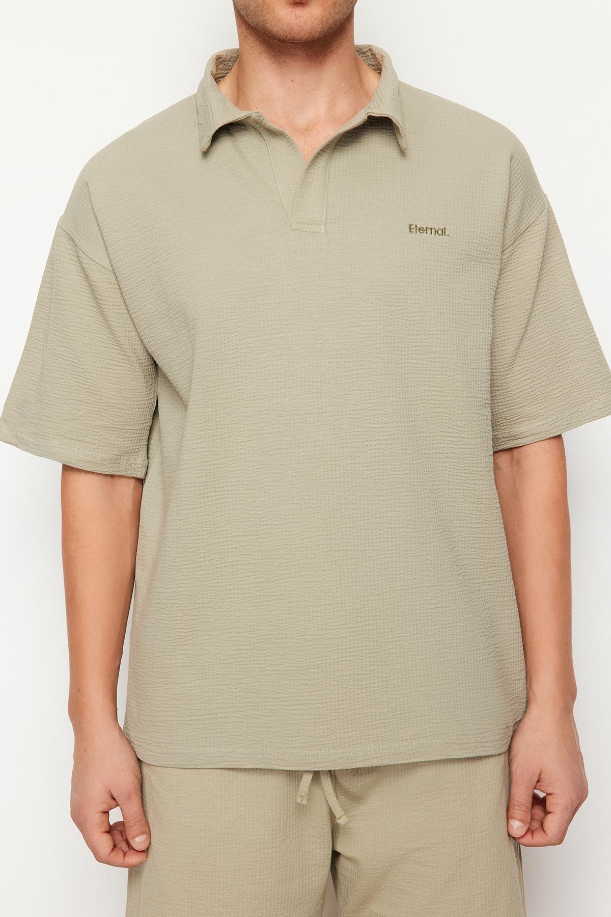 Limited Edition Stone Oversize/Wide Cut Text Embroidered Textured Polo Neck T-Shirt TMNSS24PO00011, , large image number 1
