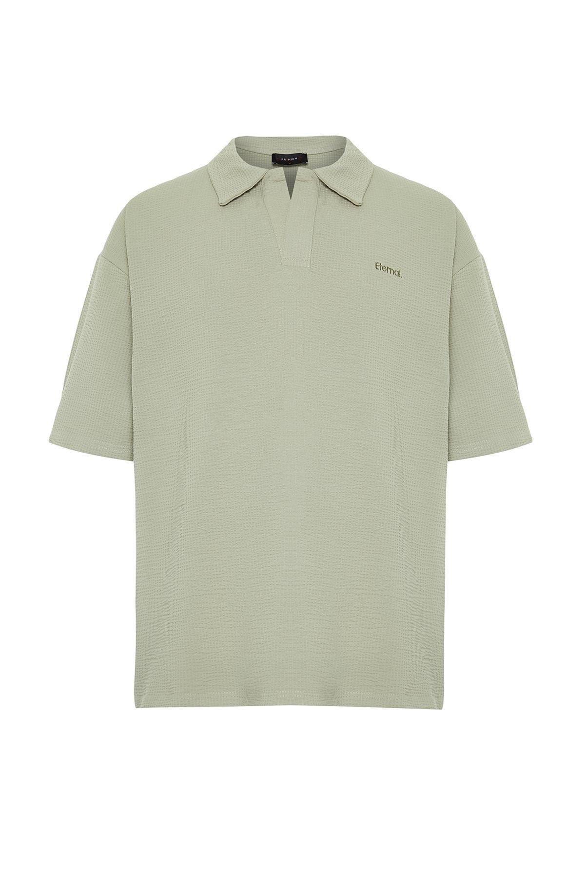 Limited Edition Stone Oversize/Wide Cut Text Embroidered Textured Polo Neck T-Shirt TMNSS24PO00011, , large image number 3