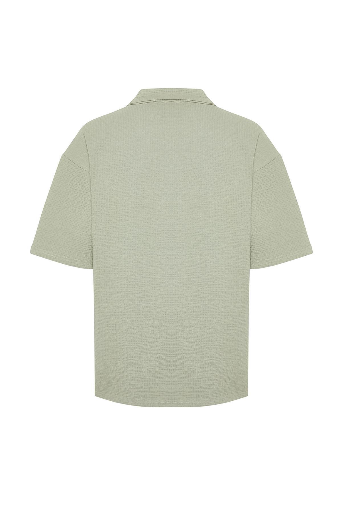 Limited Edition Stone Oversize/Wide Cut Text Embroidered Textured Polo Neck T-Shirt TMNSS24PO00011, , large image number 4